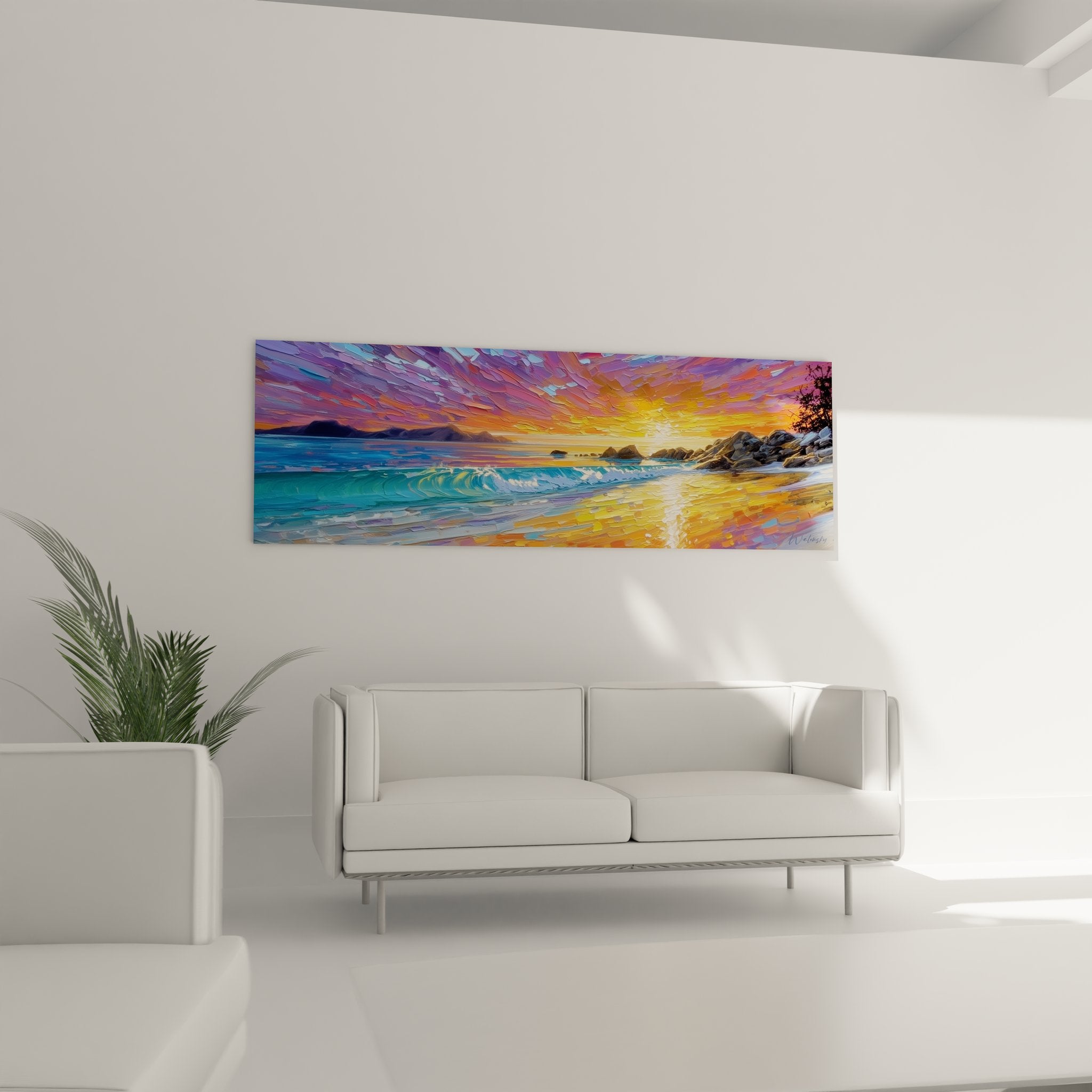 Détail rapproché tableau plage - technique picturale vagues turquoise et reflets dorés du couchant