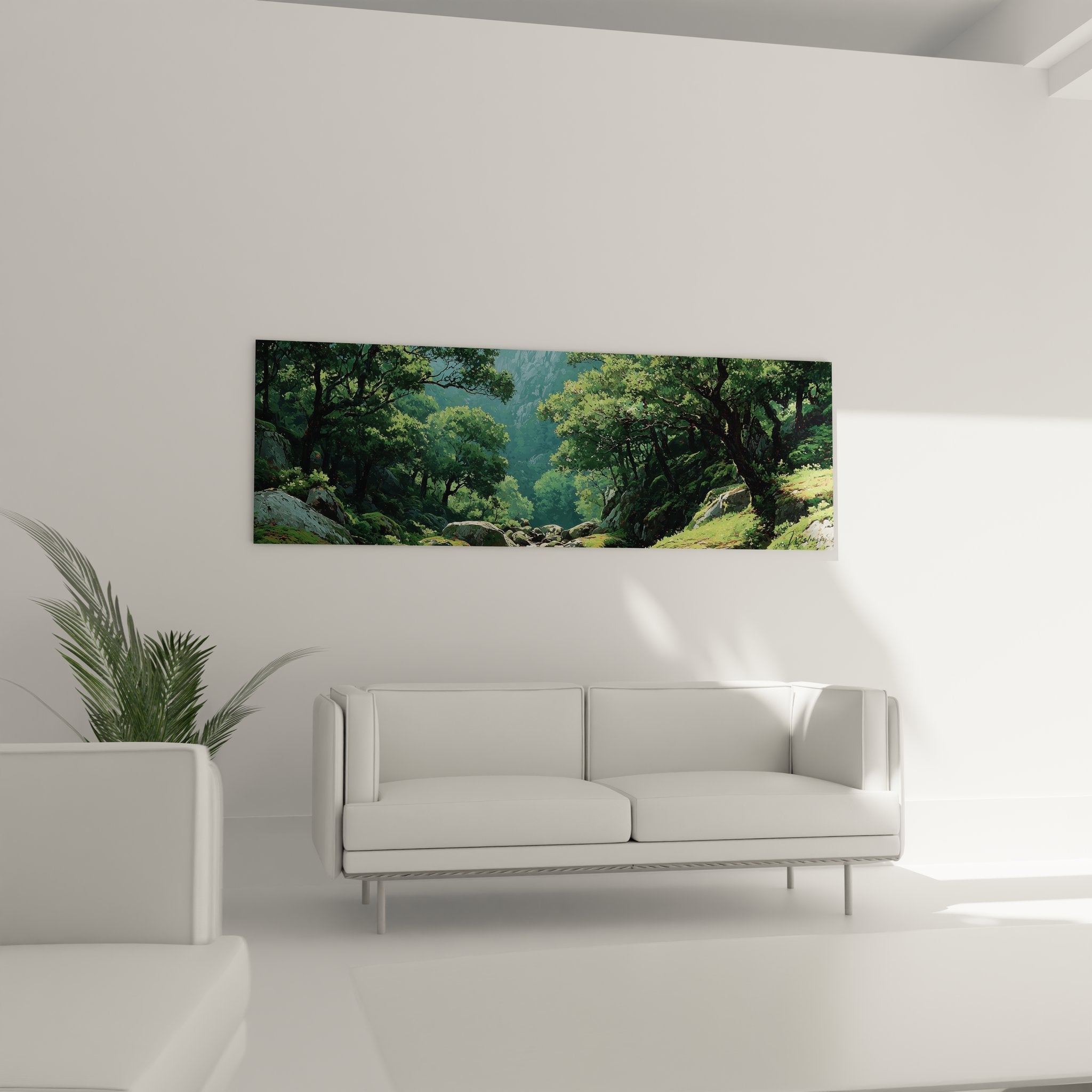 Détail tableau vallée forestière, technique picturale arbres et végétation luxuriante
