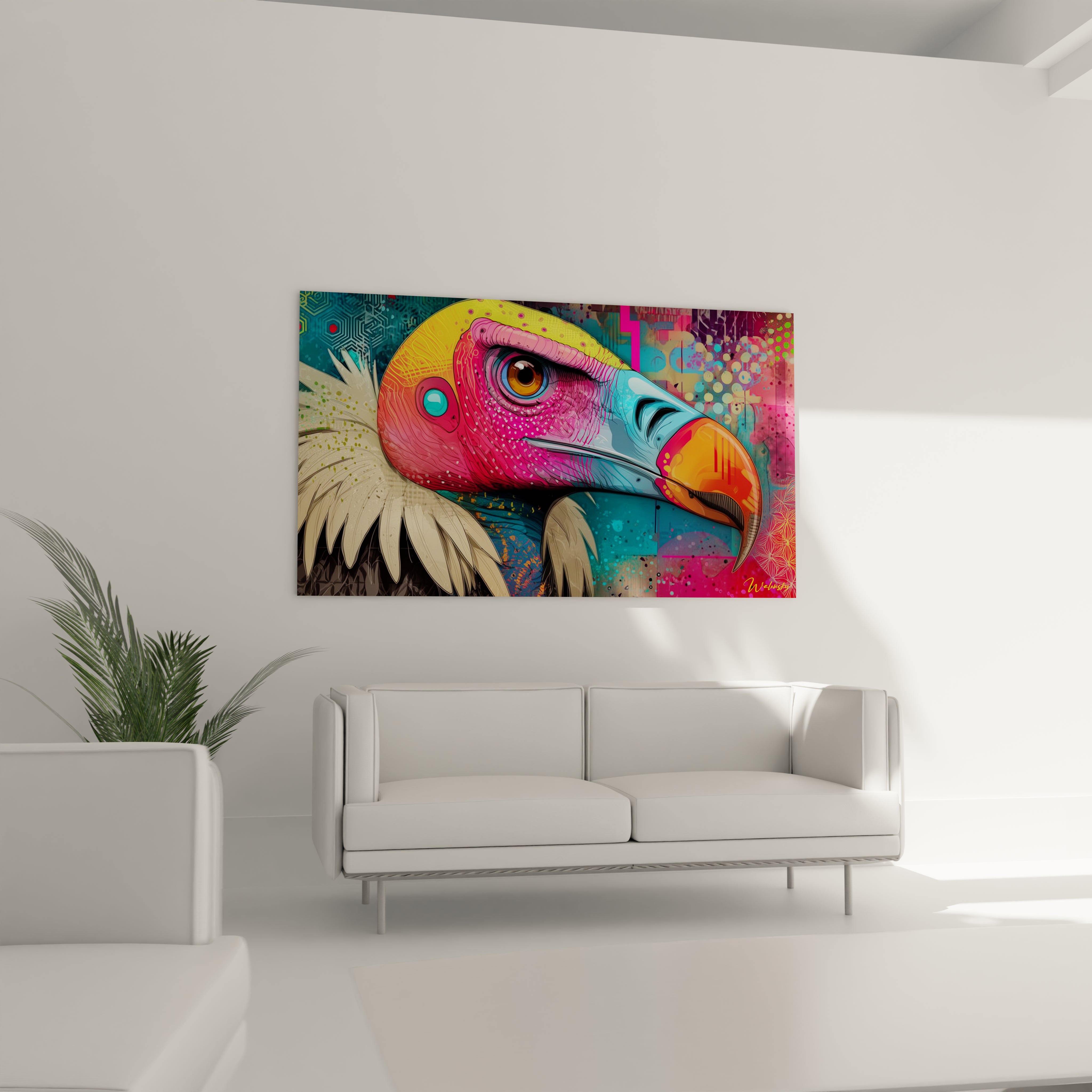 Gros plan détaillé du tableau vautour art contemporain montrant textures plumes et œil perçant