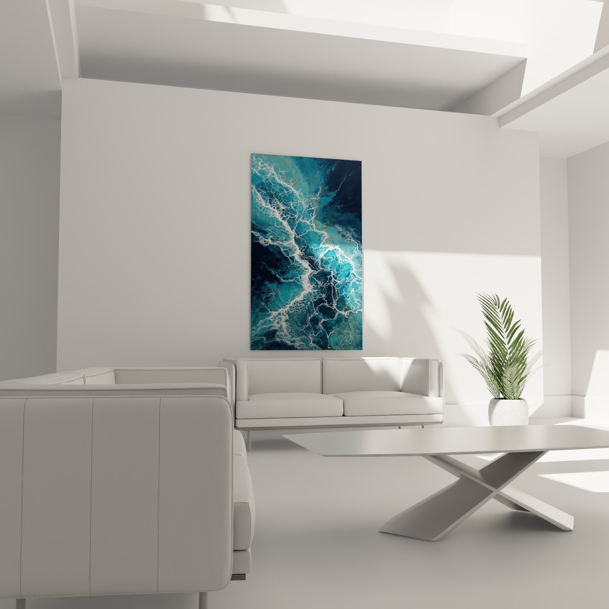 Detail tableau abstrait veines blanches sur fond turquoise texture fluide feng shui nord eau