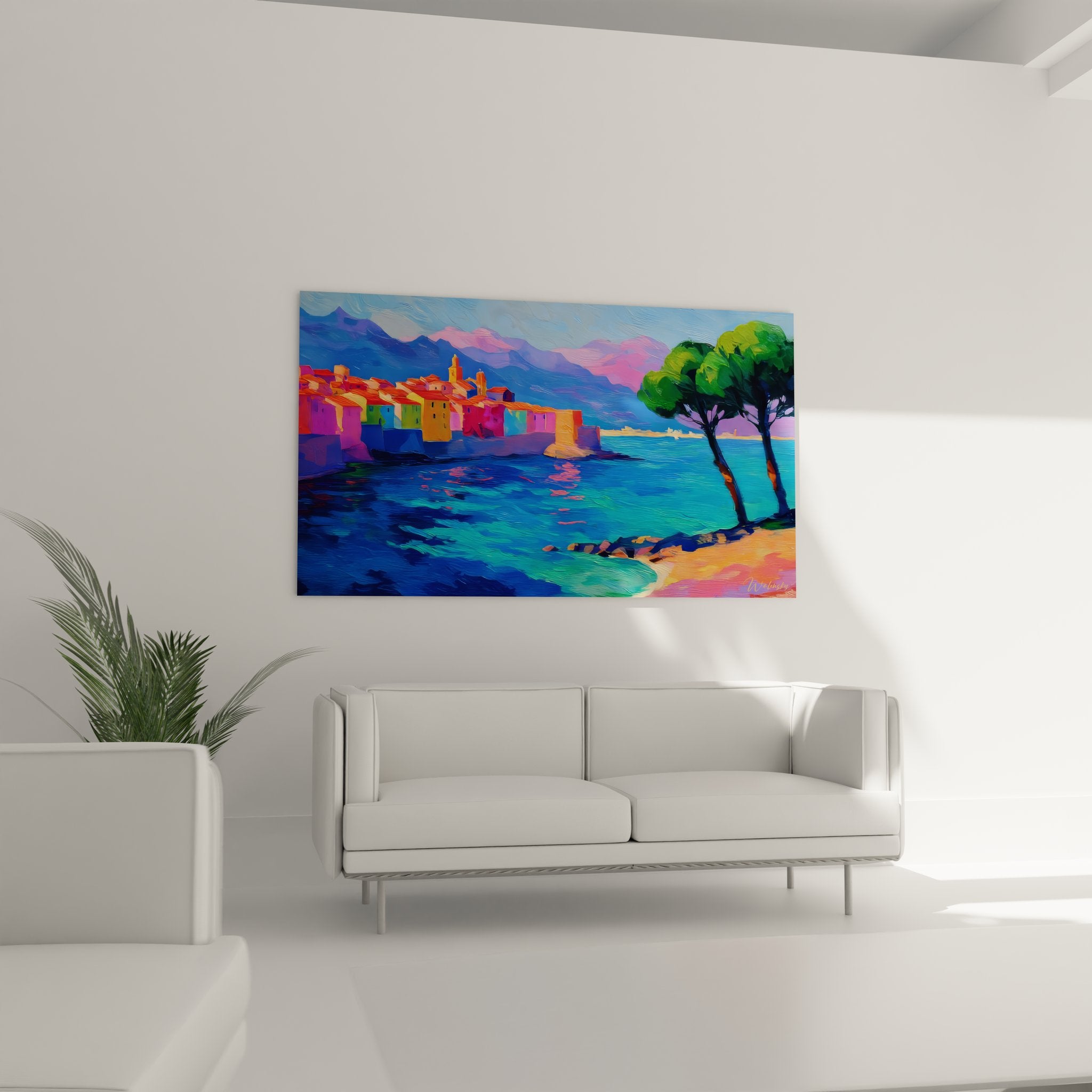 Détail proche tableau village côtier - brushstrokes colorés et technique peinture méditerranéenne moderne