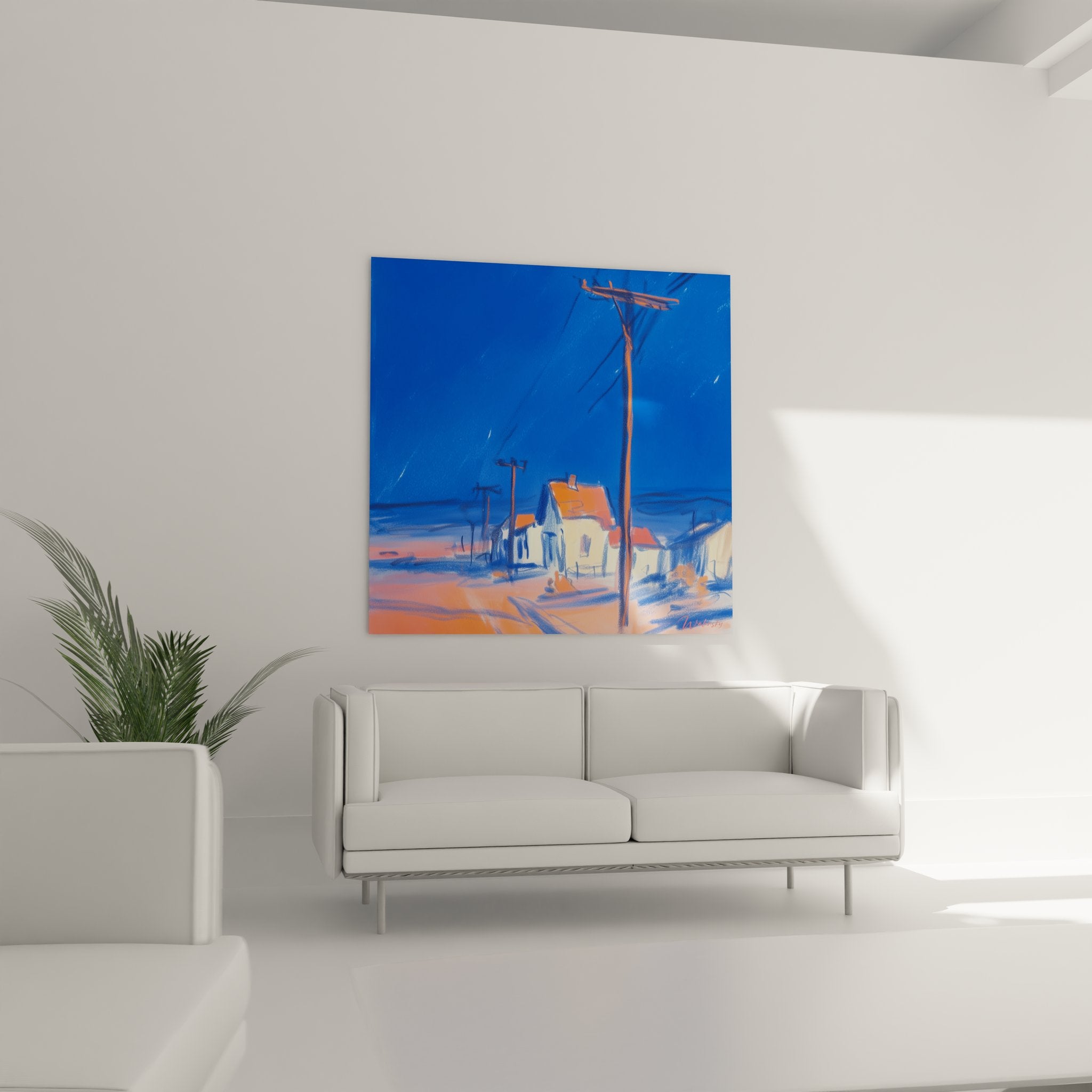 Détail tableau village désertique technique mixte textures couleurs bleu orange peinture contemporaine