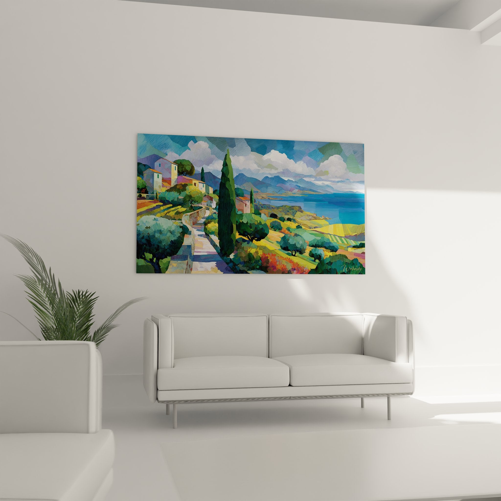 Détail gros plan tableau village méditerranéen, peinture cyprès et maisons colorées