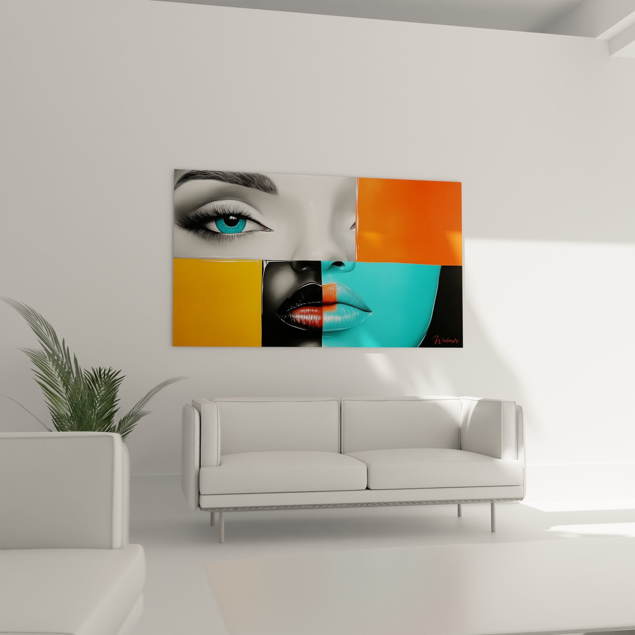 Détail tableau visage femme figuratif abstrait montrant œil bleu et lèvres réalistes