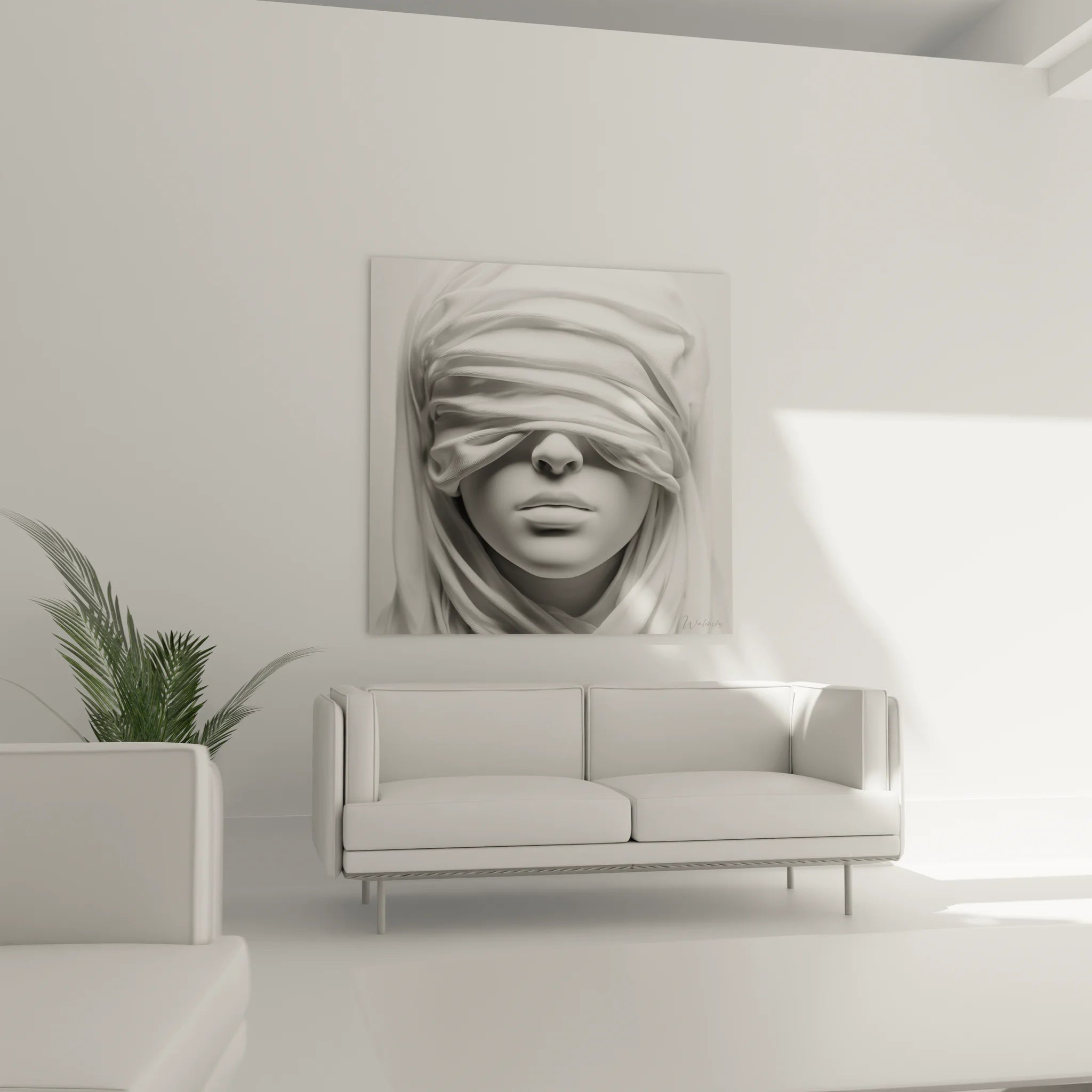 Gros plan détail tableau portrait femme voilée noir et blanc art contemporain qualité