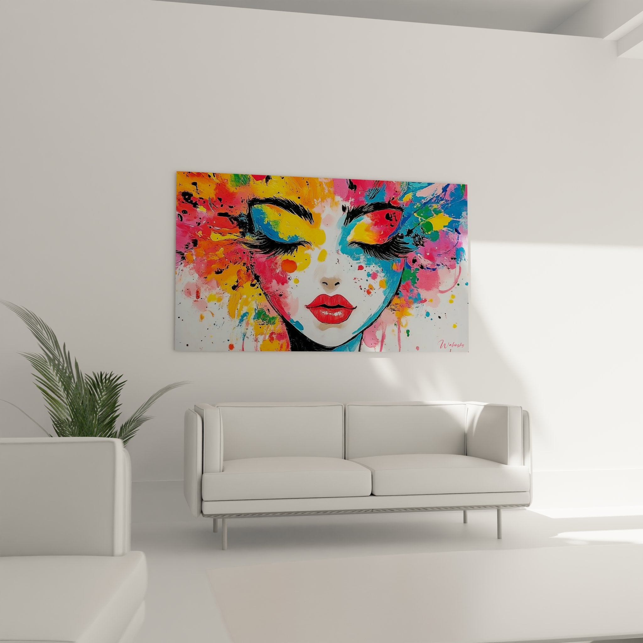 Gros plan détaillé tableau visage femme aux couleurs explosives et lèvres rouges