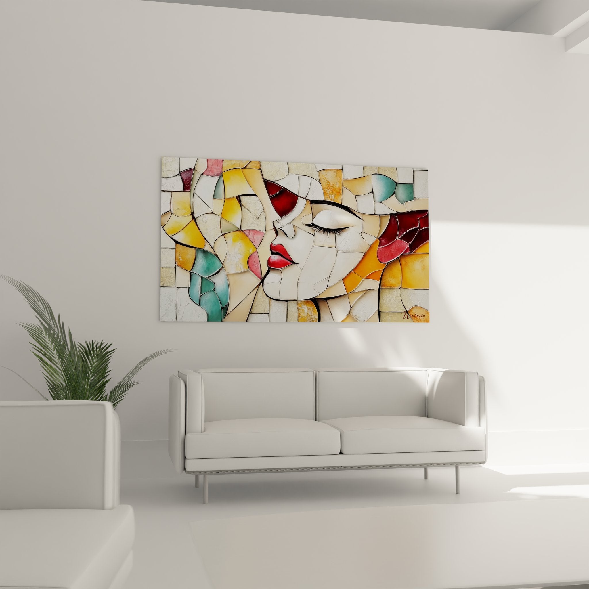 Détail gros plan tableau vitraux montrant fragments colorés du visage féminin