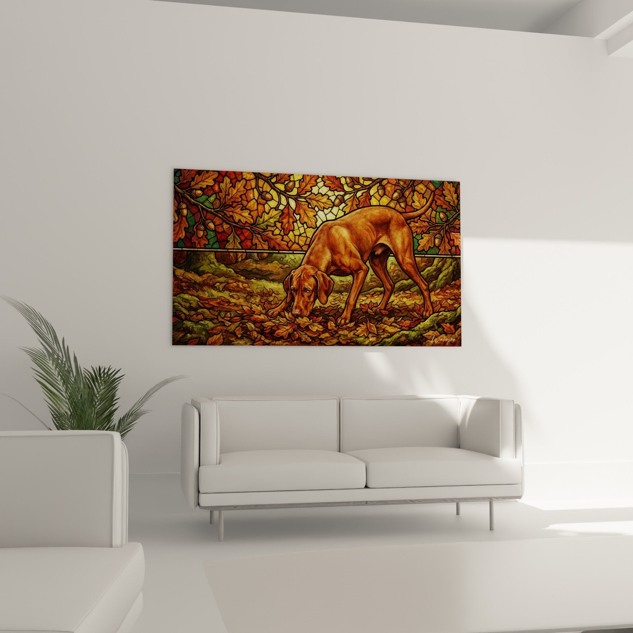 Détail rapproché tableau Vizsla technique vitrail pelage roux cuivré feuillage automnal doré textures colorées