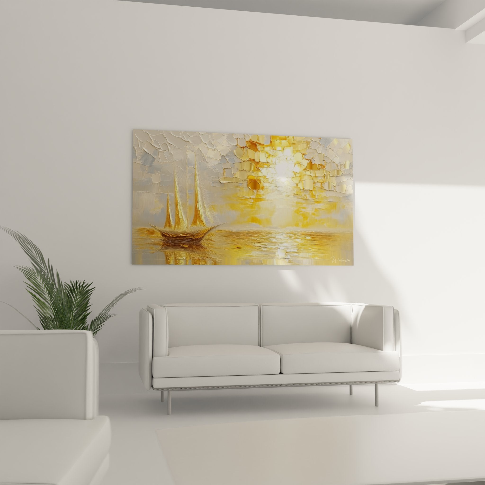 Détail tableau voilier abstrait, textures dorées et effets de relief du soleil couchant sur l'eau