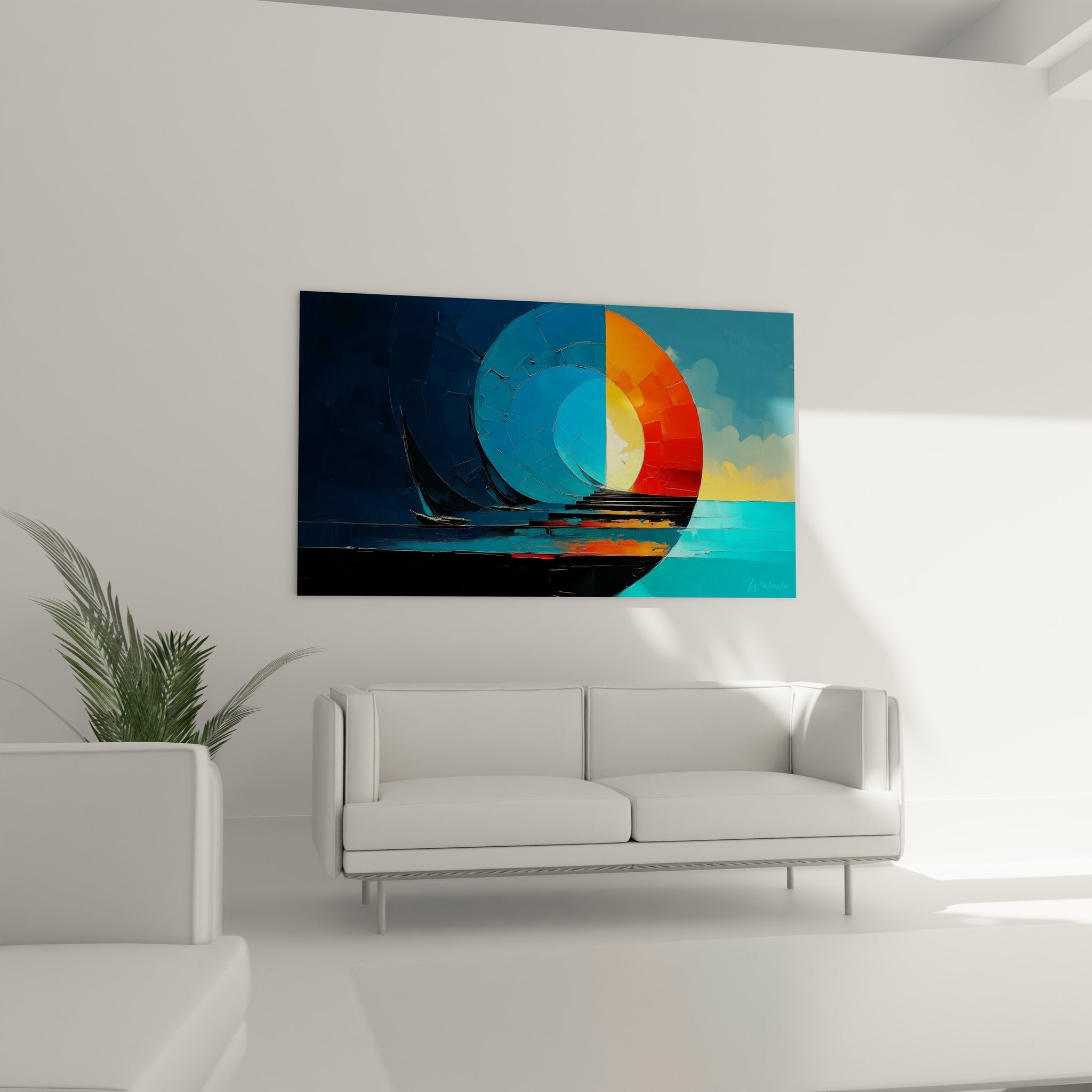 Gros plan tableau voilier spirale abstrait détails couleurs orange bleu art nautique moderne
