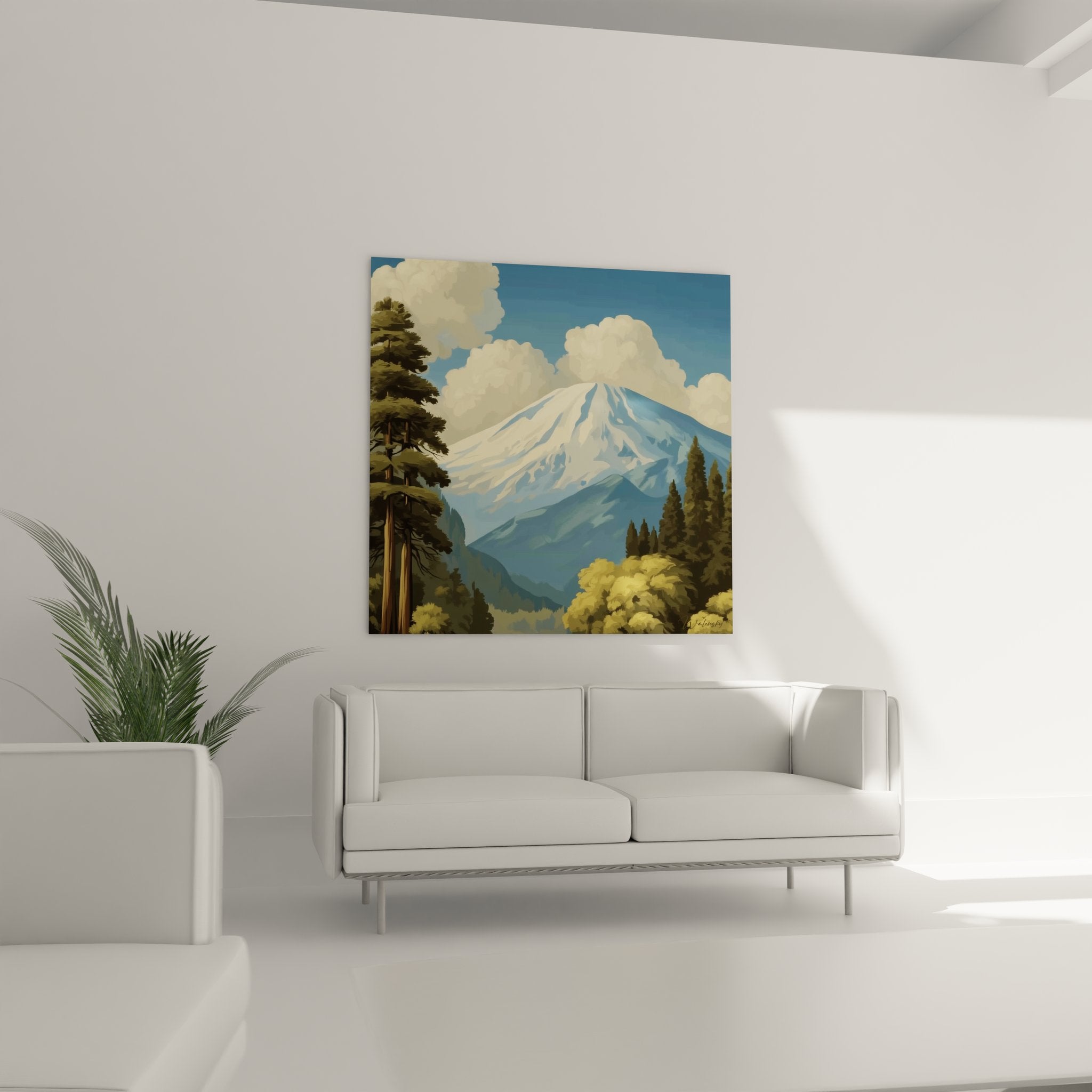 Détail tableau volcan enneigé, art mural montagne volcanique avec nuages et végétation