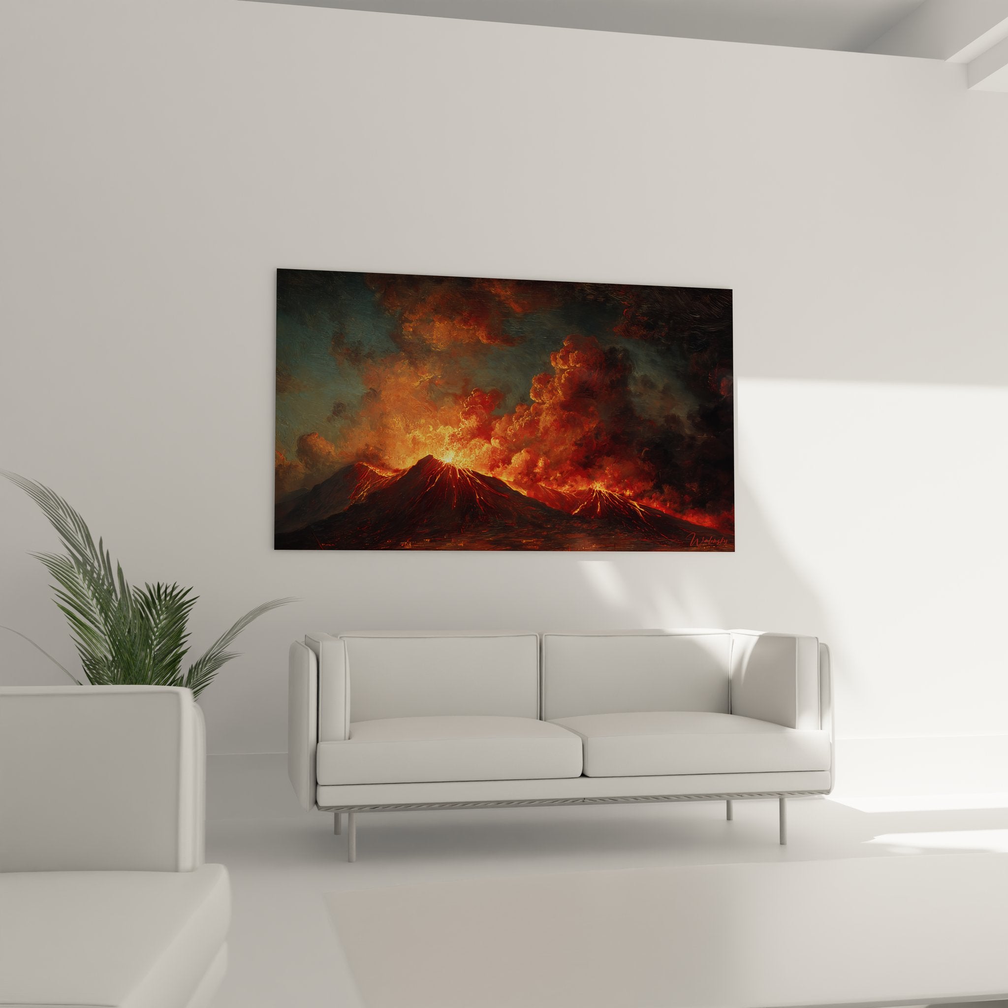 Détail gros plan tableau volcan montrant lave en fusion et flammes volcaniques avec textures réalistes