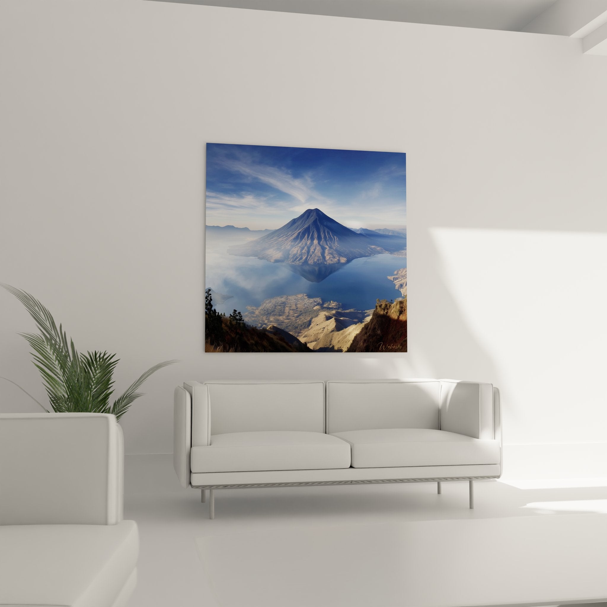 Détail tableau volcan lac, reflets parfaits et textures géologiques en gros plan