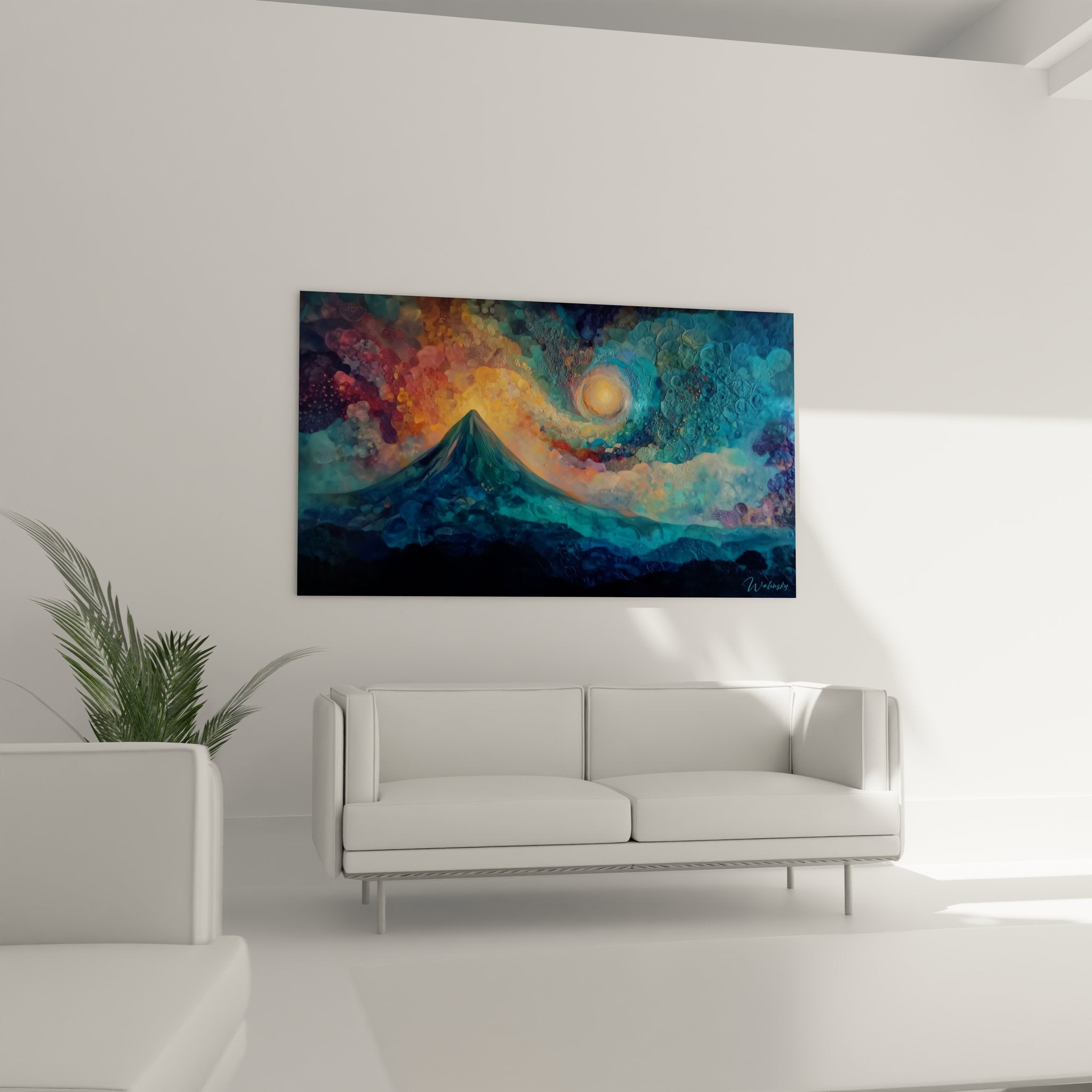 Détail gros plan tableau volcan montrant textures et couleurs éruption