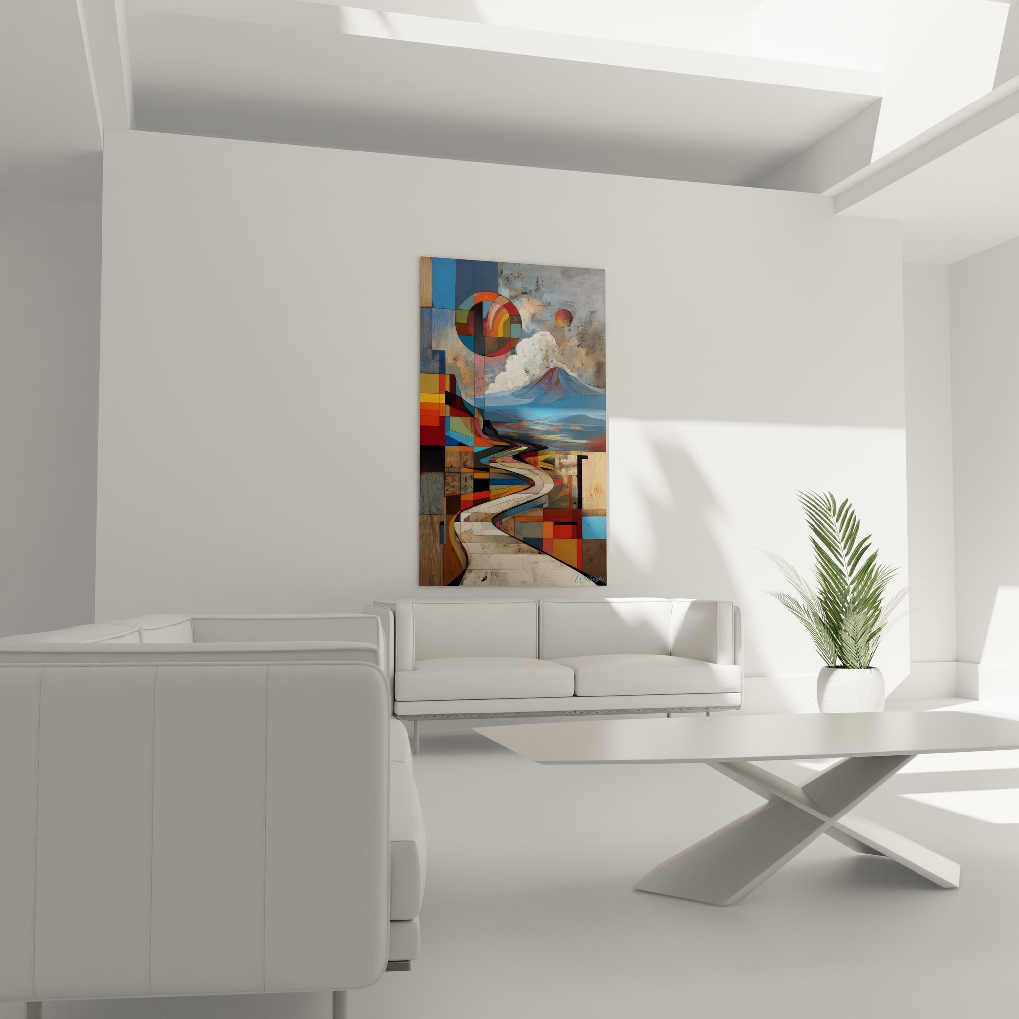 Détail gros plan tableau volcanique montrant textures géométriques et couleurs vives