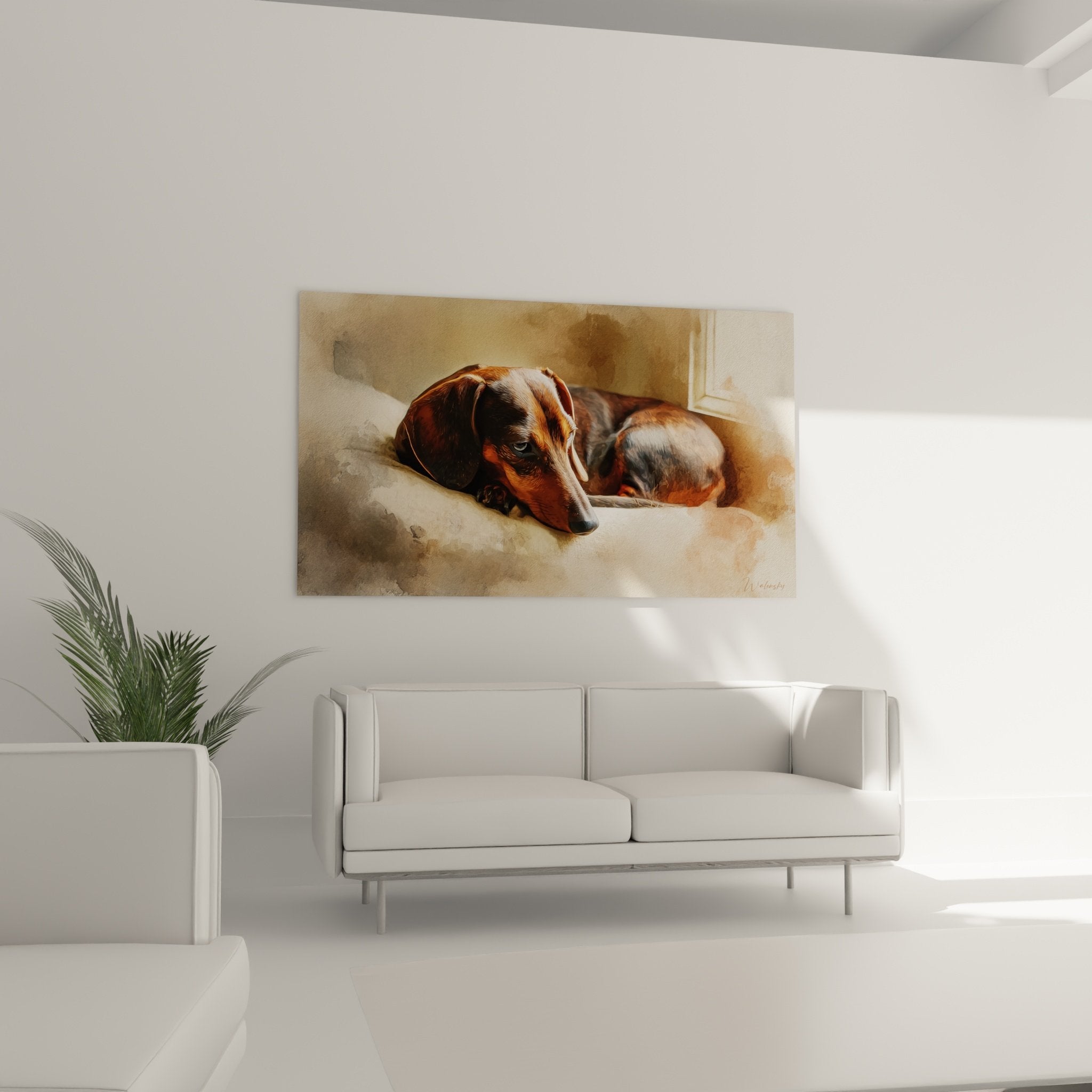 Close-up detail dachshund watercolor painting artwork copper and chocolate brown tones delicate painting technique