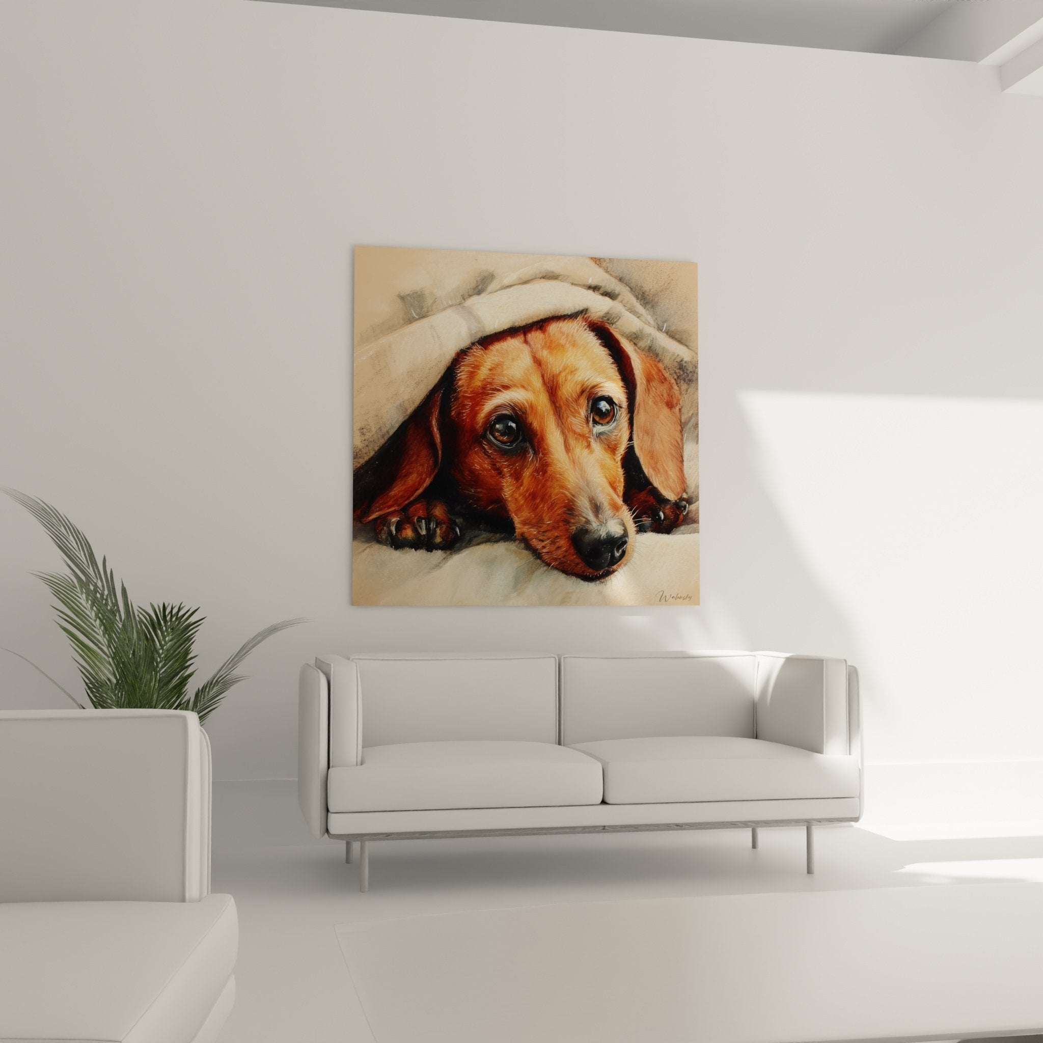 Red dachshund portrait detail, copper golden coat, expressive shining eyes, striking realistic technique