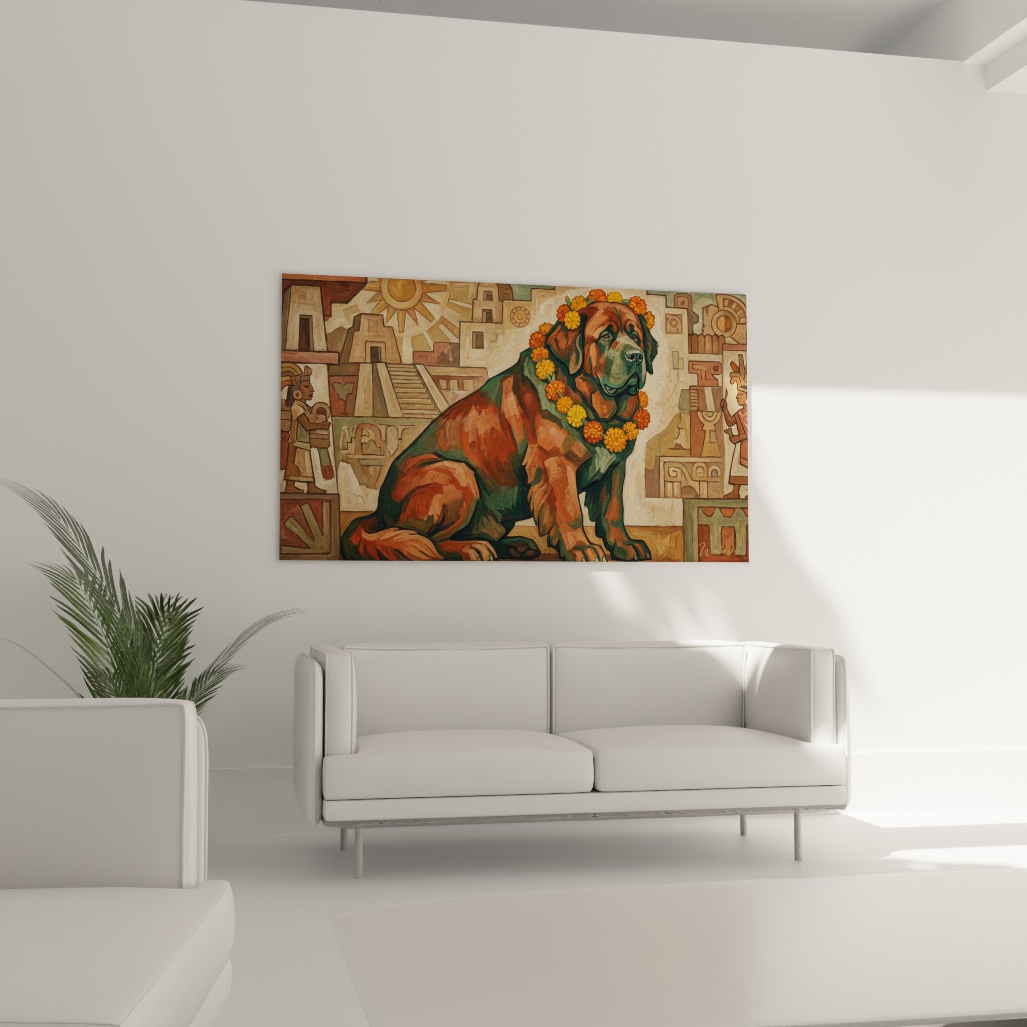 Gros plan terre neuve regard vert couronne marigolds orange detail pelage roux art canin