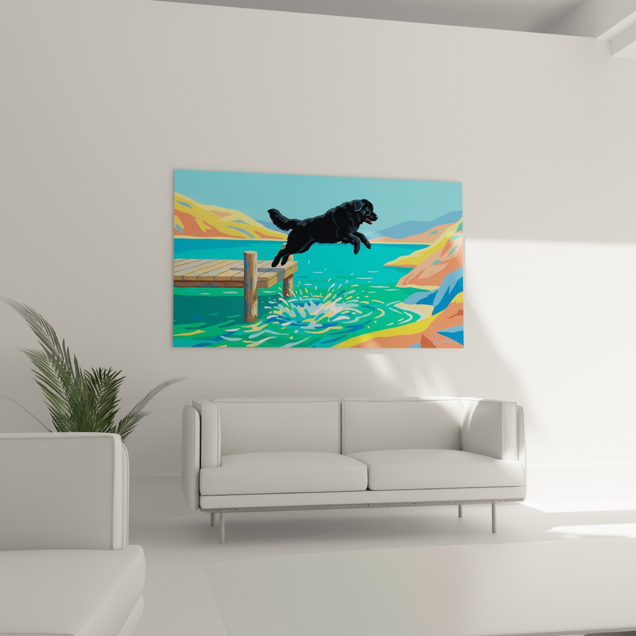 Détail tableau chien noir en mouvement au-dessus eaux turquoise avec gerbe d'éclaboussures dynamique