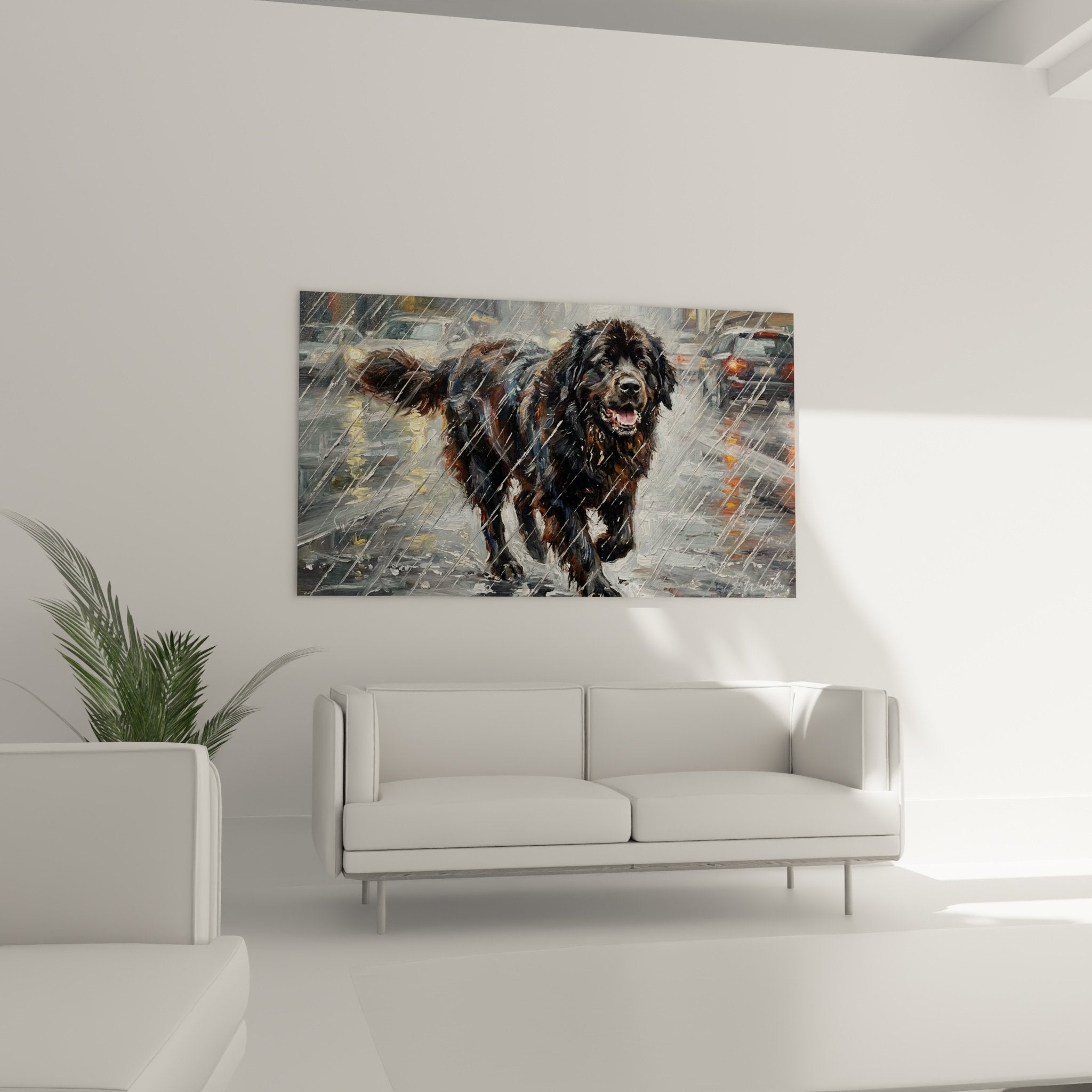 Détail gros plan peinture Terre Neuve heureux sous pluie battante avec pelage mouillé et expression joyeuse authentique