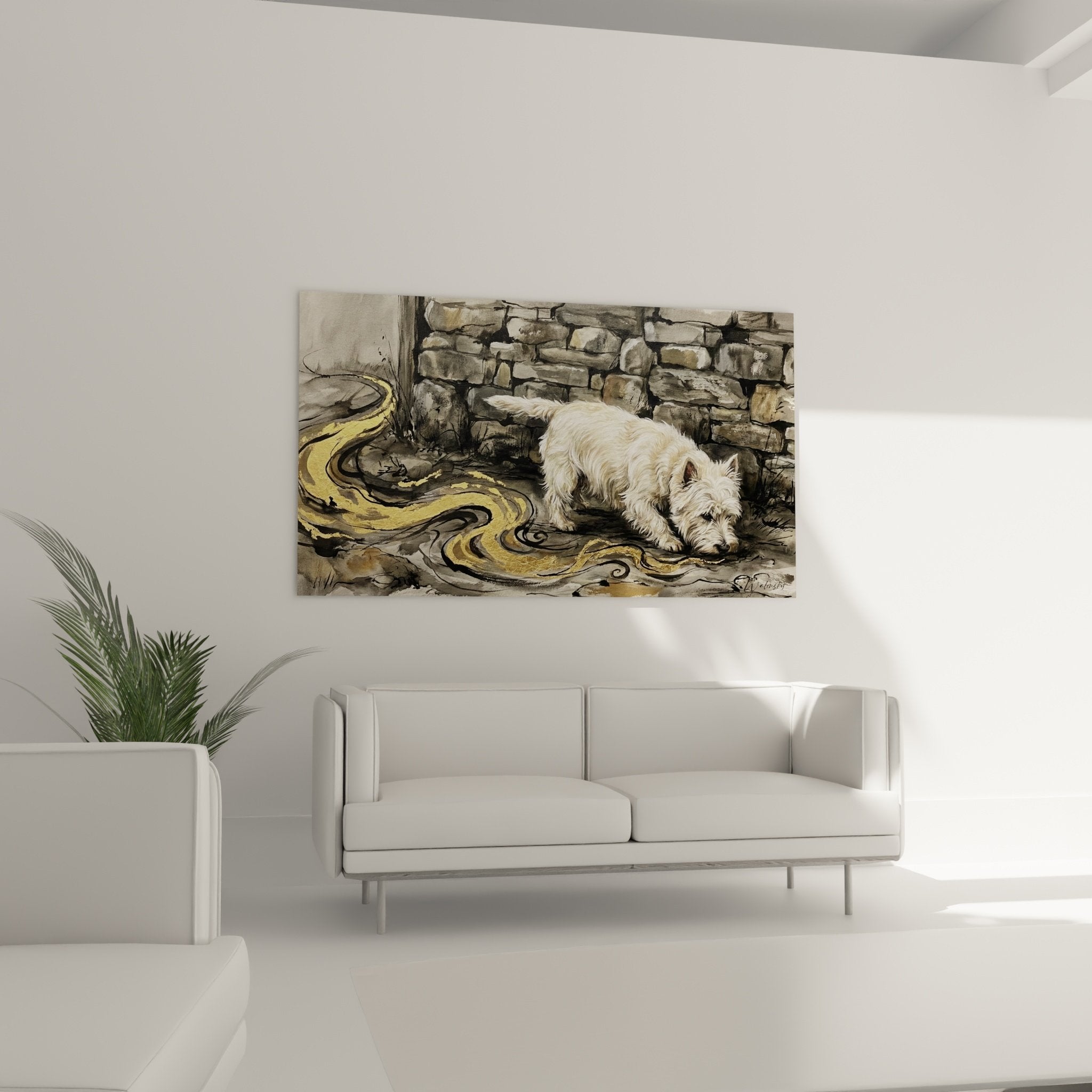 Detail peinture West Highland Terrier poil blanc texture reflets dores pierres anciennes