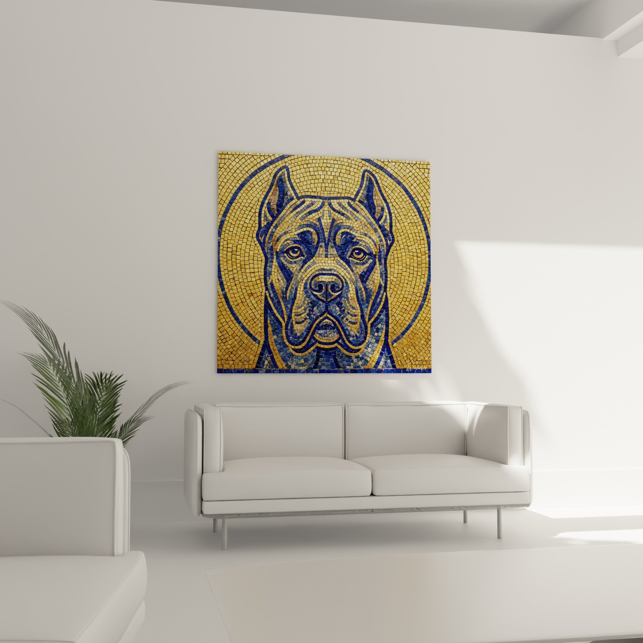 Détail tesselles dorées et bleues portrait canin mosaïque technique artisanale byzantine