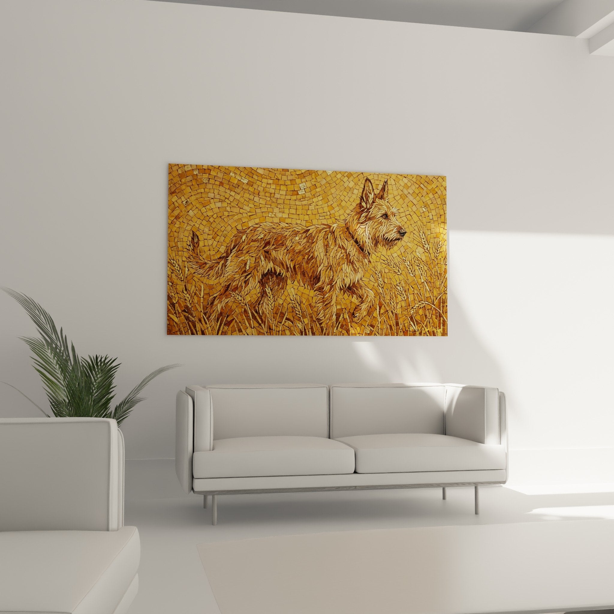 Detail des tesselles dorees de la mosaique Berger Picard, texture artistique aux reflets ambres