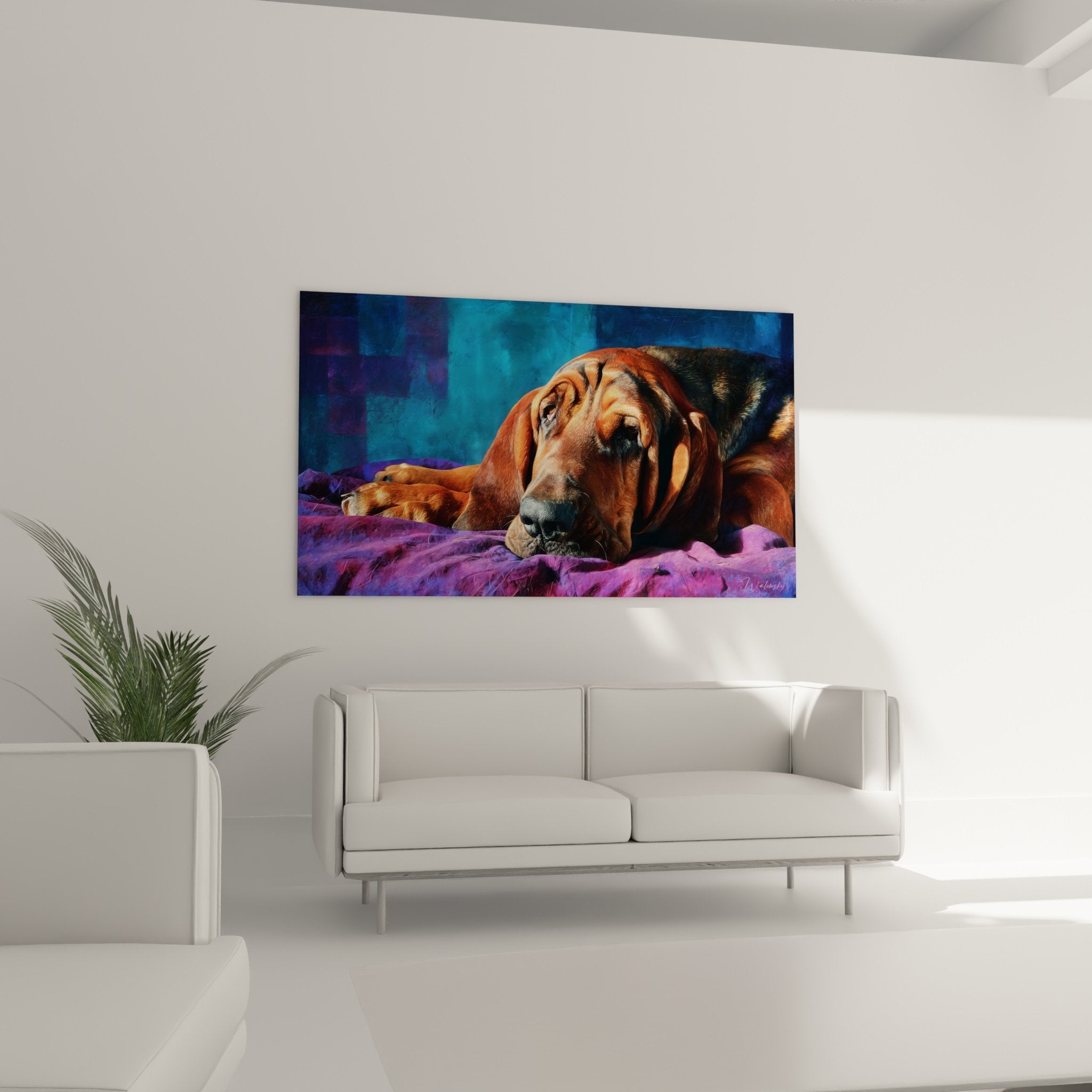 Detail tete Bloodhound pelage cuivre roux couverture violette lumiere doree museau