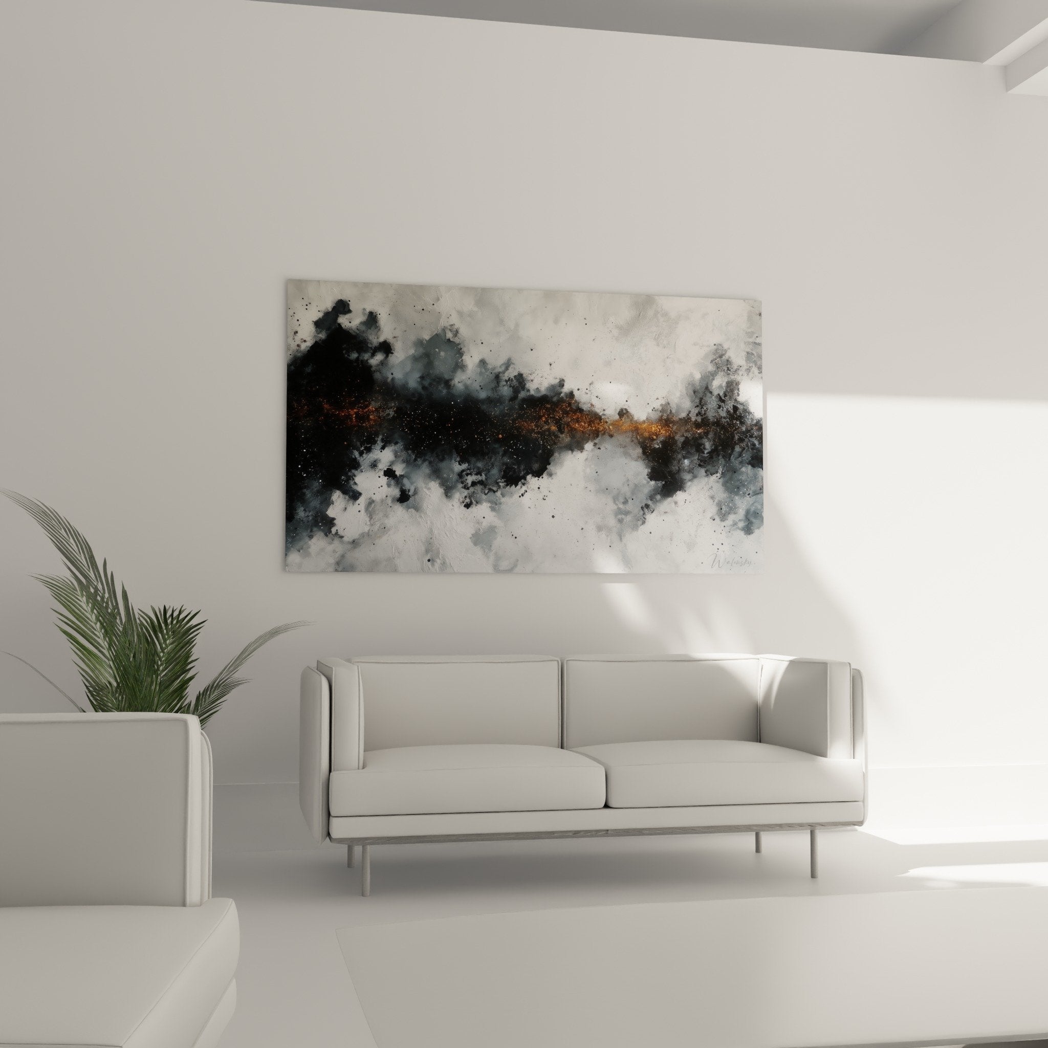 Detail texture tableau abstrait gris orange feng shui nord-ouest metal eclaboussures