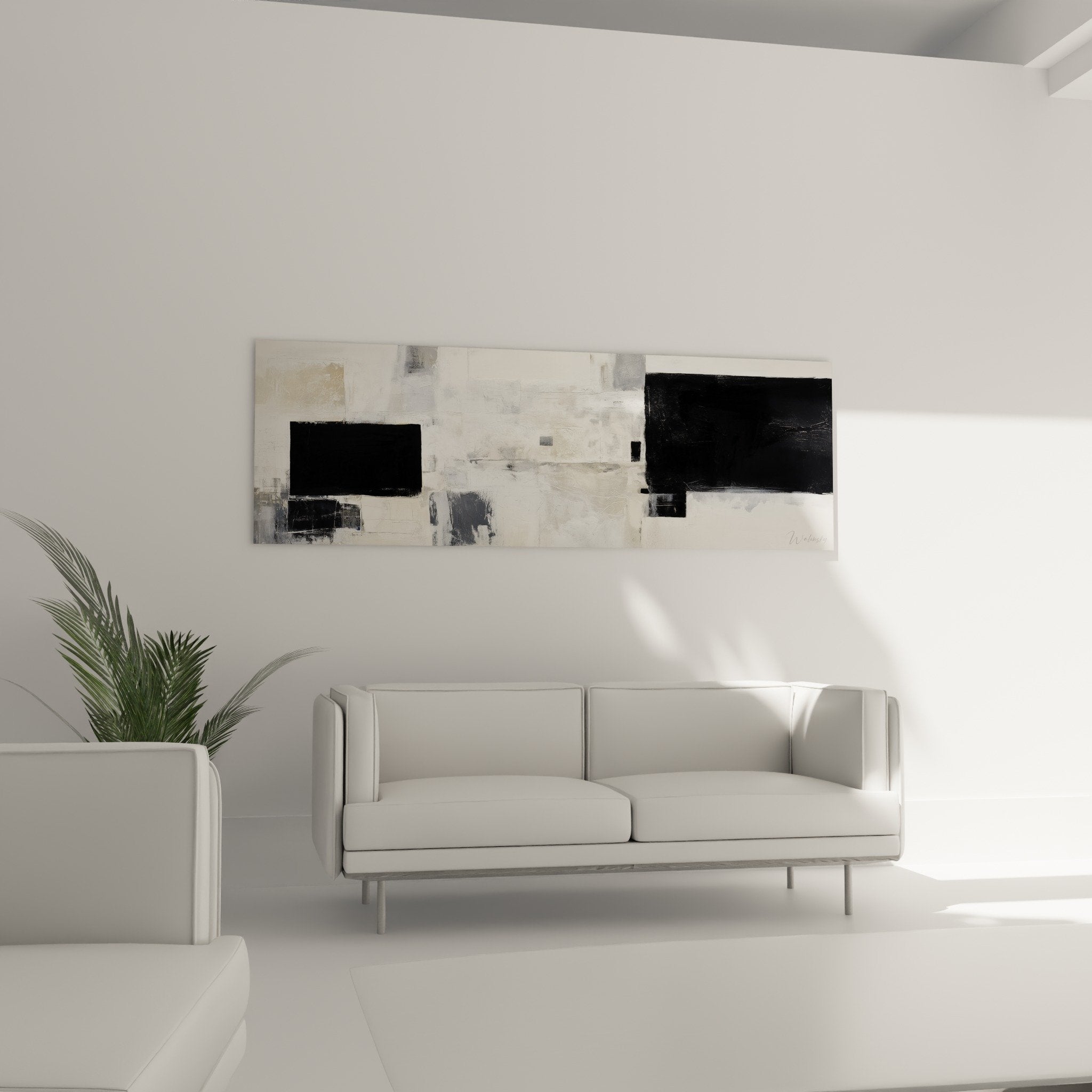 Textured abstract painting black white brushwork geometric shapes feng shui metal