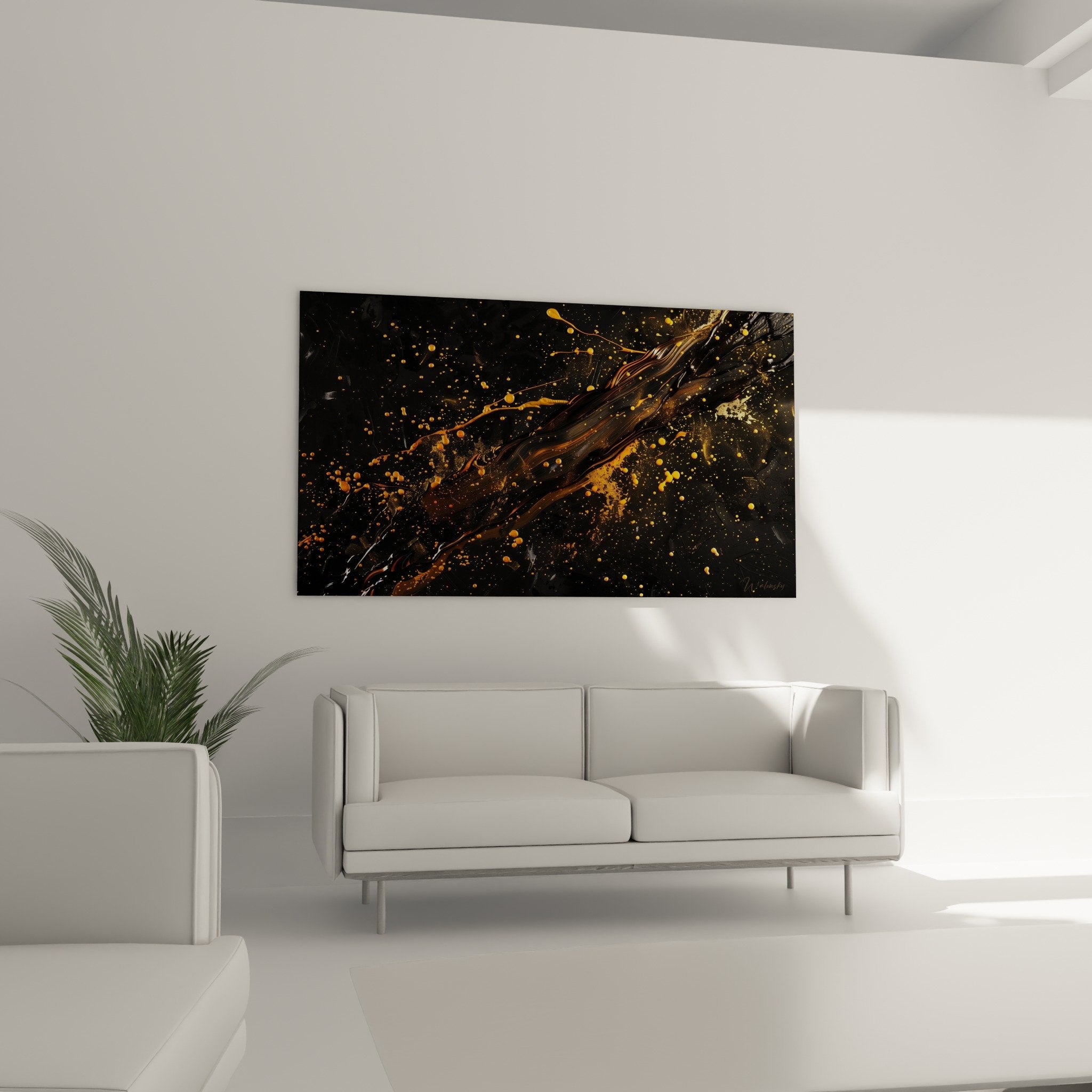 detail texture tableau abstrait projections dorees cuivrees sur noir matiere artistique contemporaine