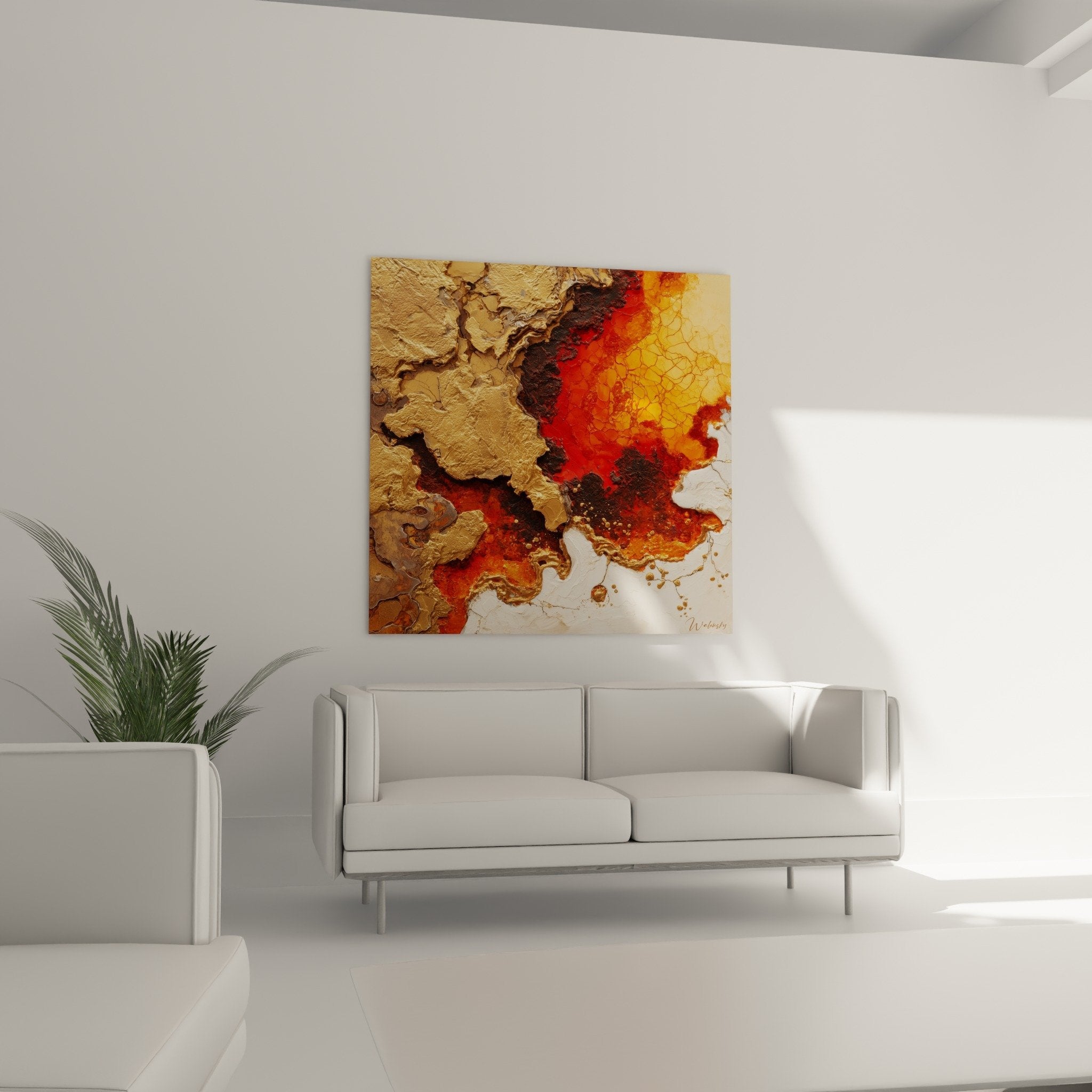Close-up organic cracked textures abstract painting red orange gold feng shui south fire