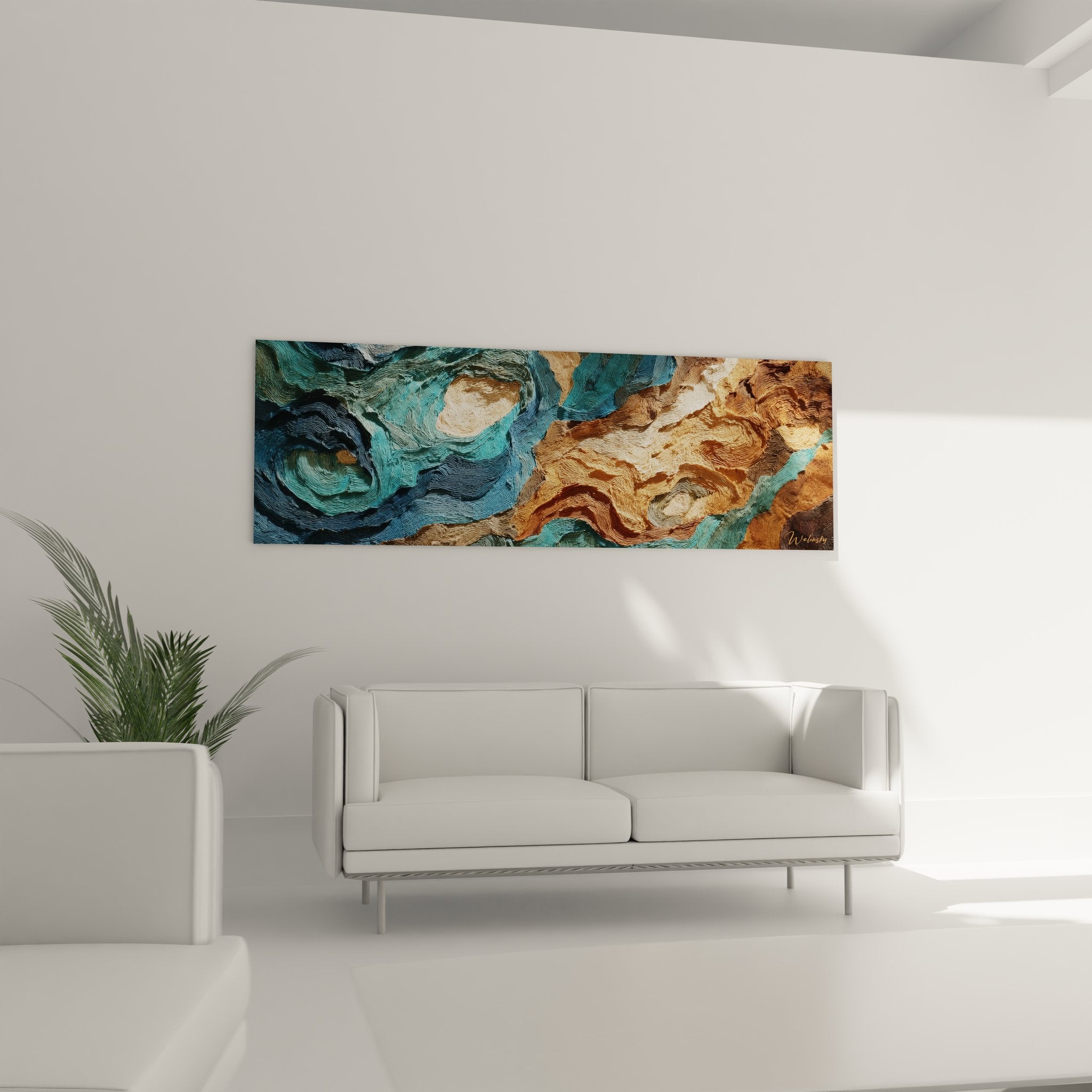 Détail texture abstraite vagues océaniques peinture turquoise bronze brushstrokes expressifs