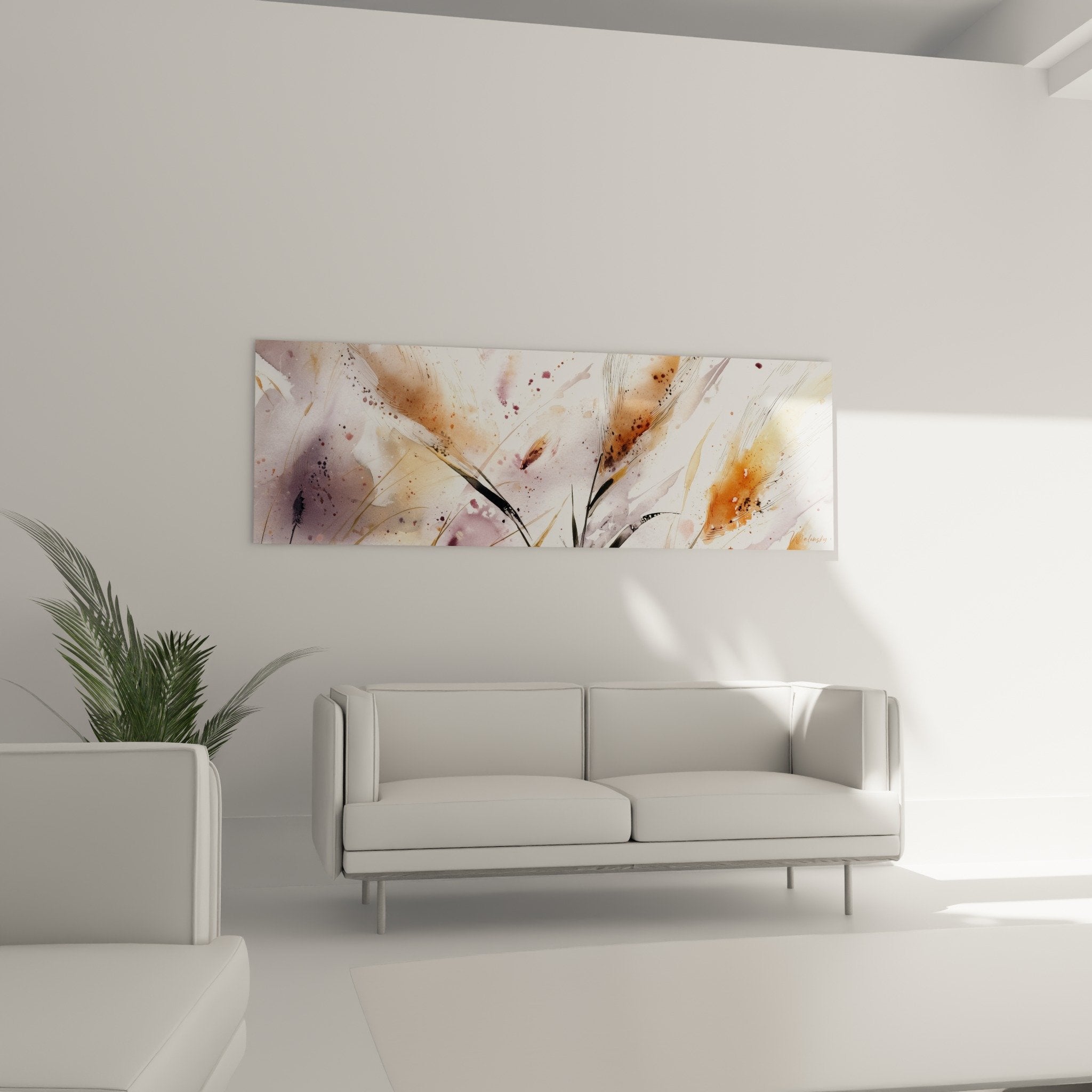 Détail gros plan tableau graminées montrant textures aquarelle éclats dorés et formes végétales stylisées