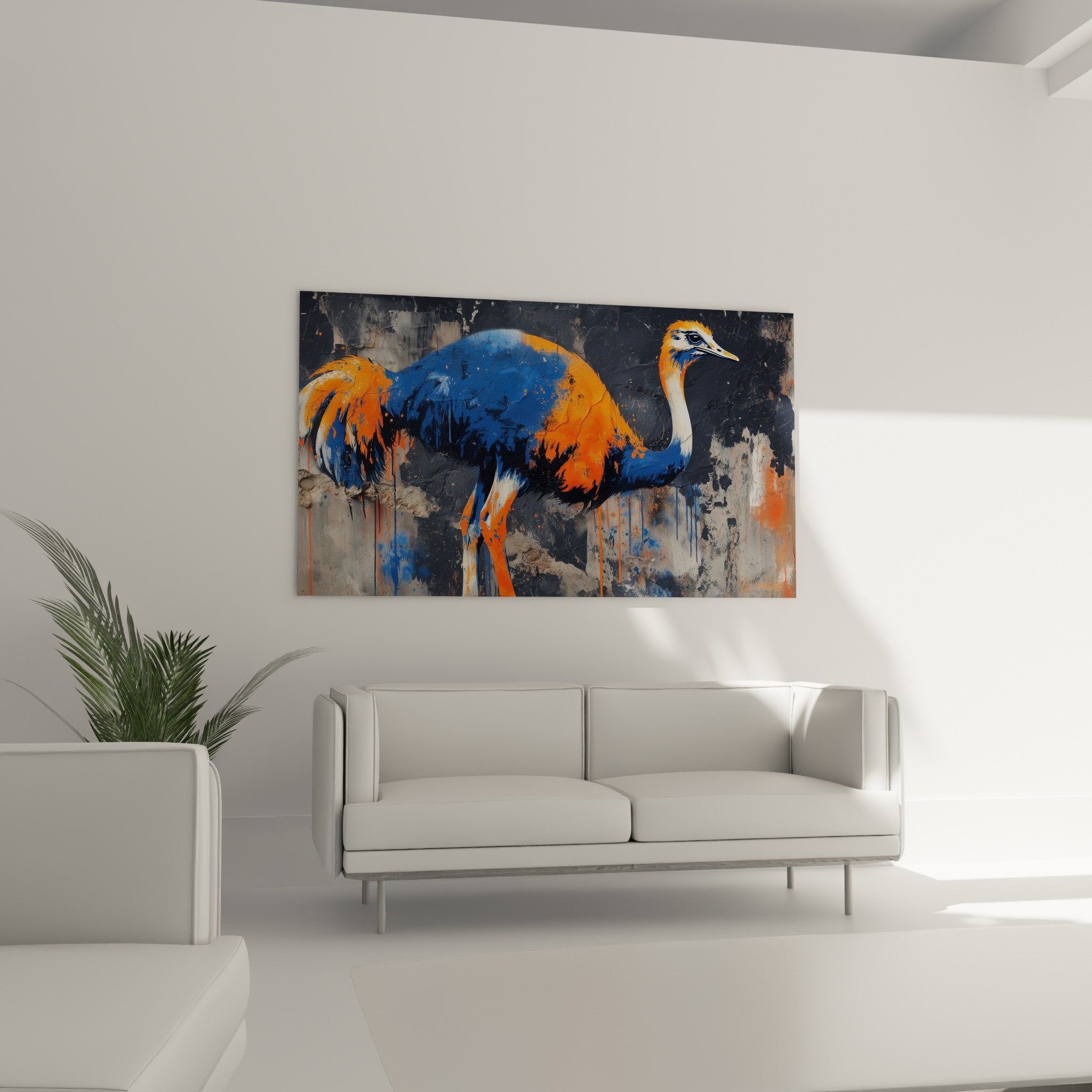 Detail texture peinture autruche expressionniste melange bleu cobalt orange vermillon coulures noires