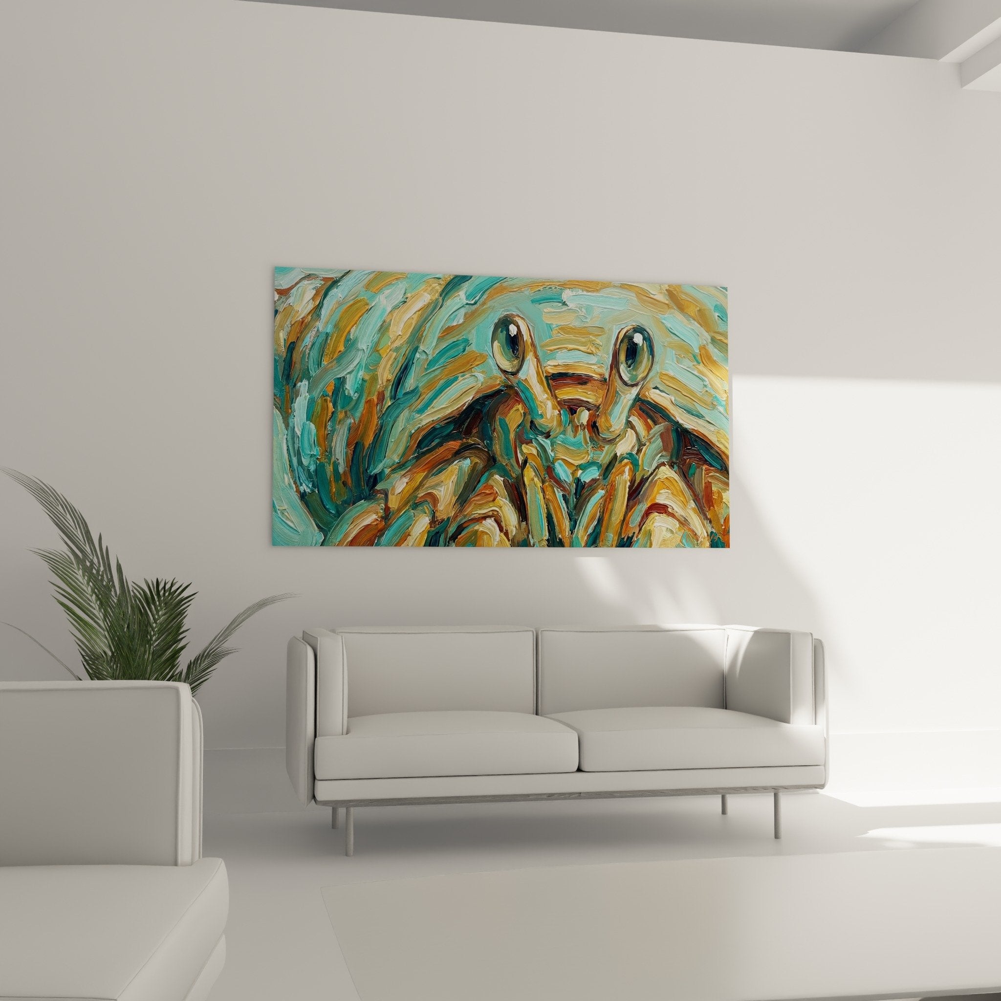 Nahaufnahme-Detail der Textur von Impasto Bernard-l'hermite Gemälde türkis-golden expressiv Pinselstriche