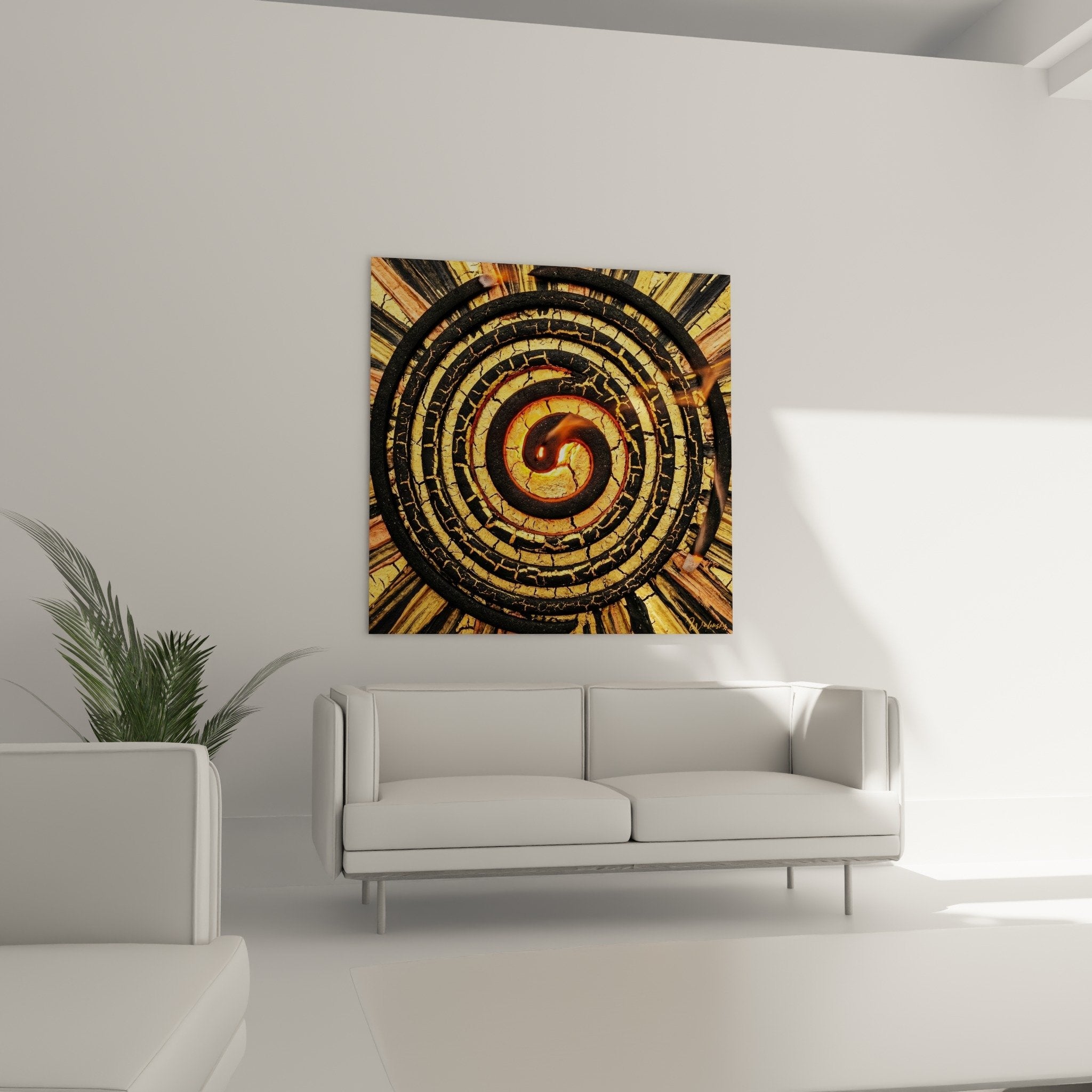 Detailaufnahme der rissigen Holztextur und goldenen metallischen Reflexe der mystischen Spirale Weihrauch Kunstwerk