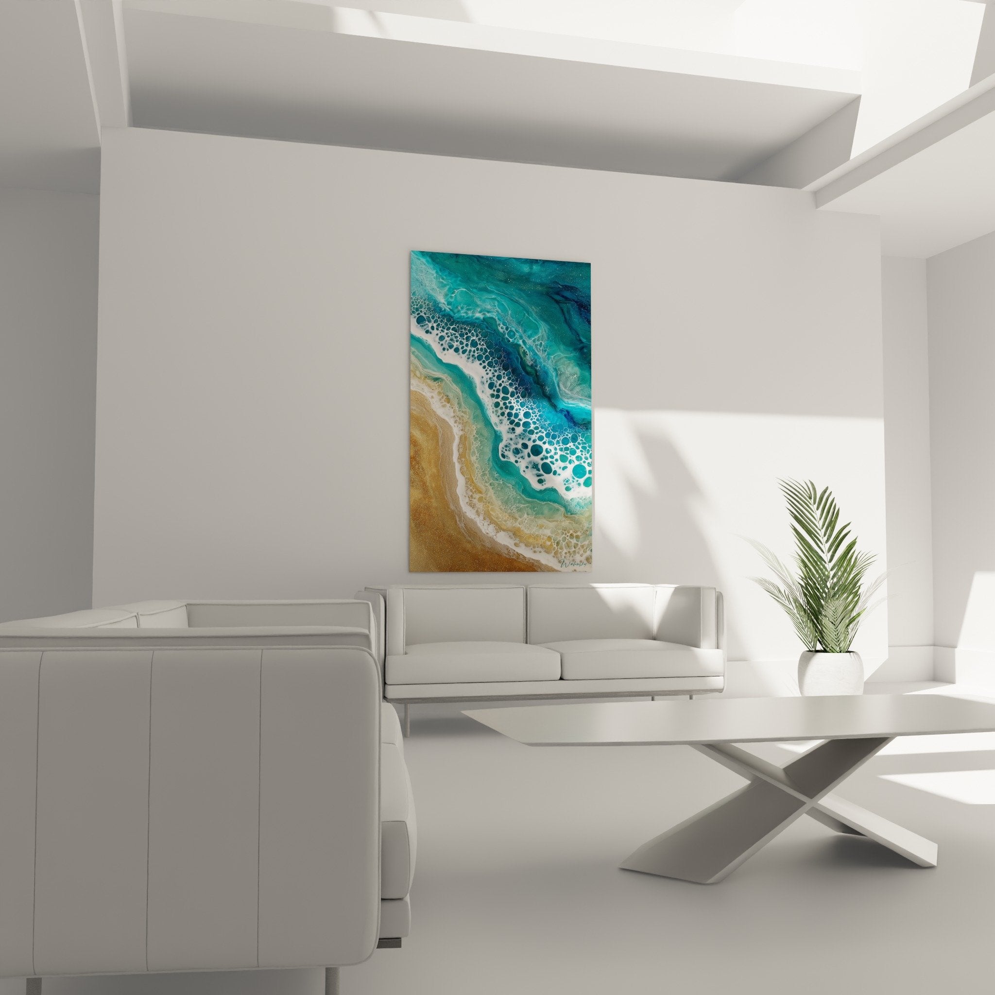 Detail texture ecume bulles dorees vagues turquoise tableau feng shui