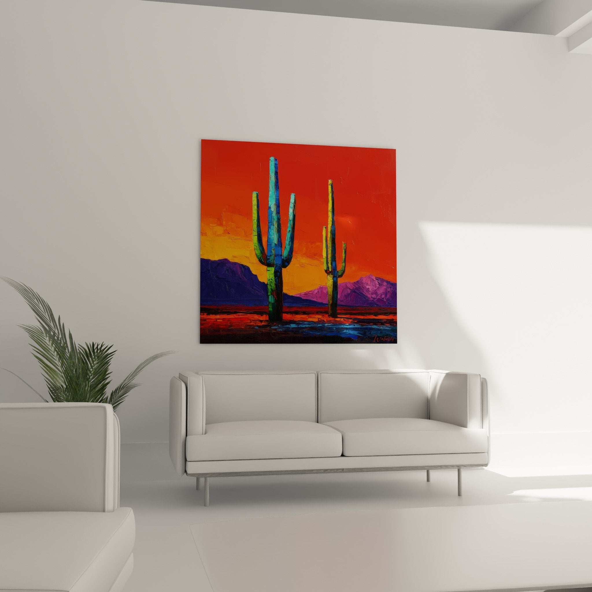 Detail texture peinture cactus saguaro turquoise empâtements couleurs vives technique picturale moderne desert