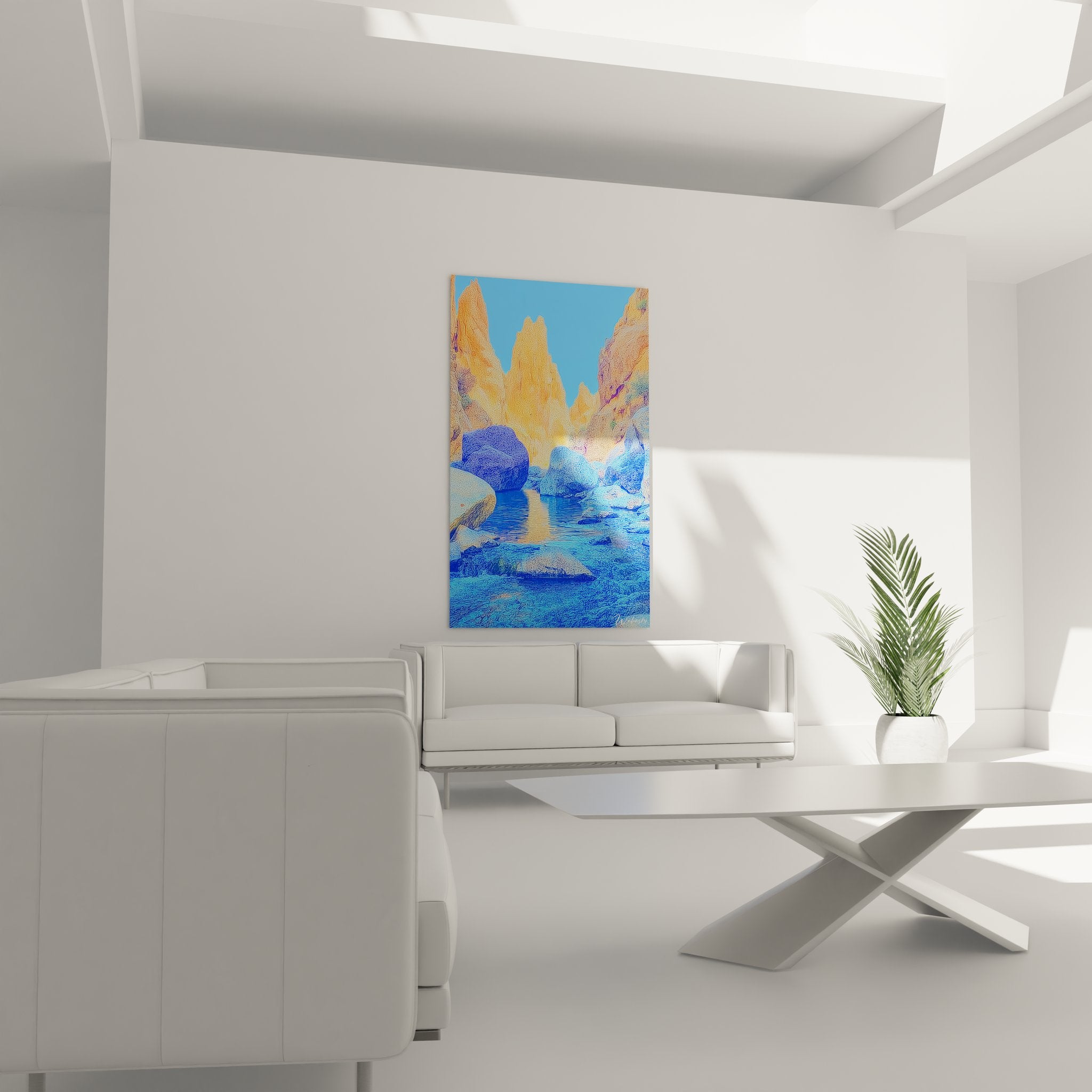 Détail texture tableau canyon falaises ocre et reflets eau turquoise peinture artistique