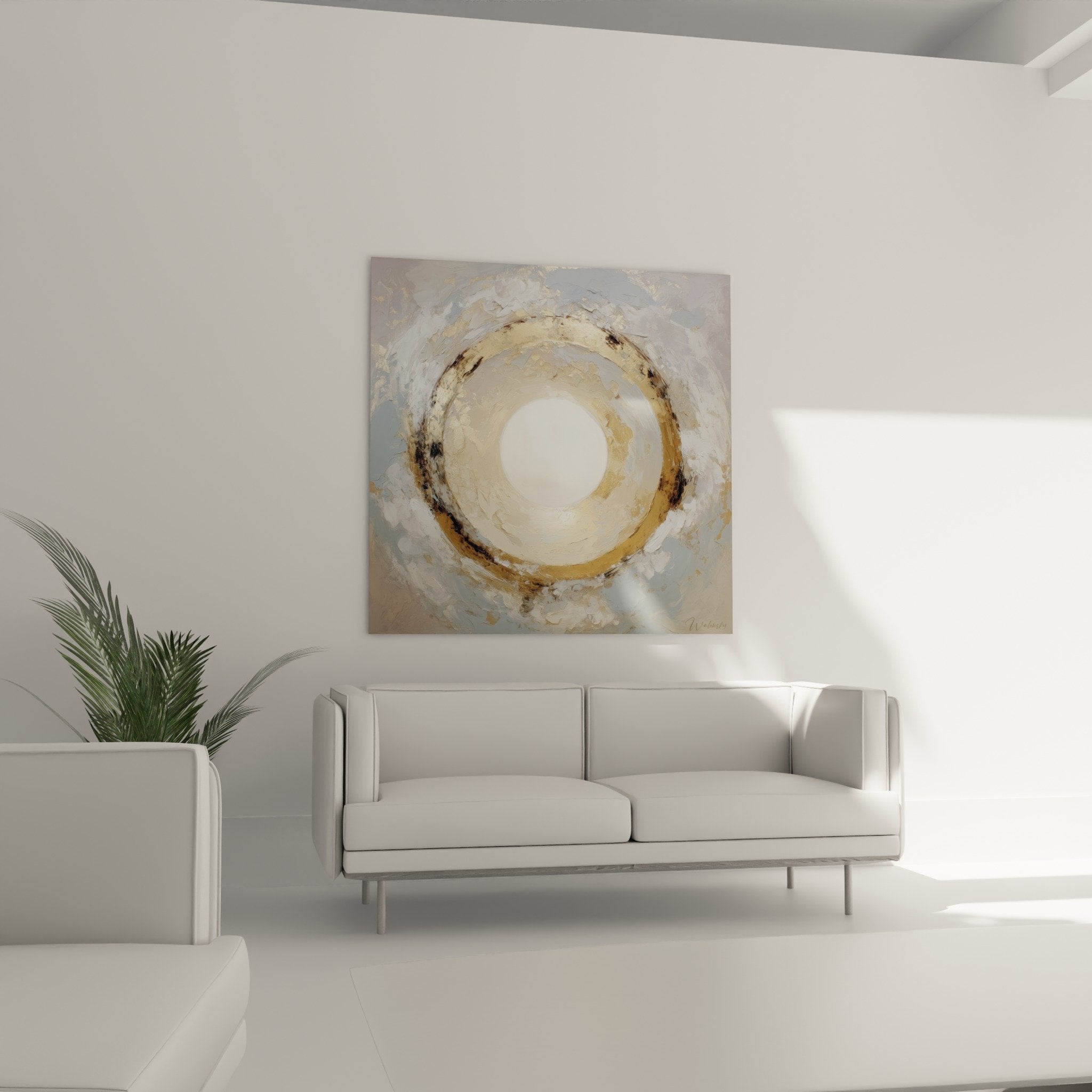 Detail texture peinture cercles concentriques beige bleu empâtements matiere picturale feng shui