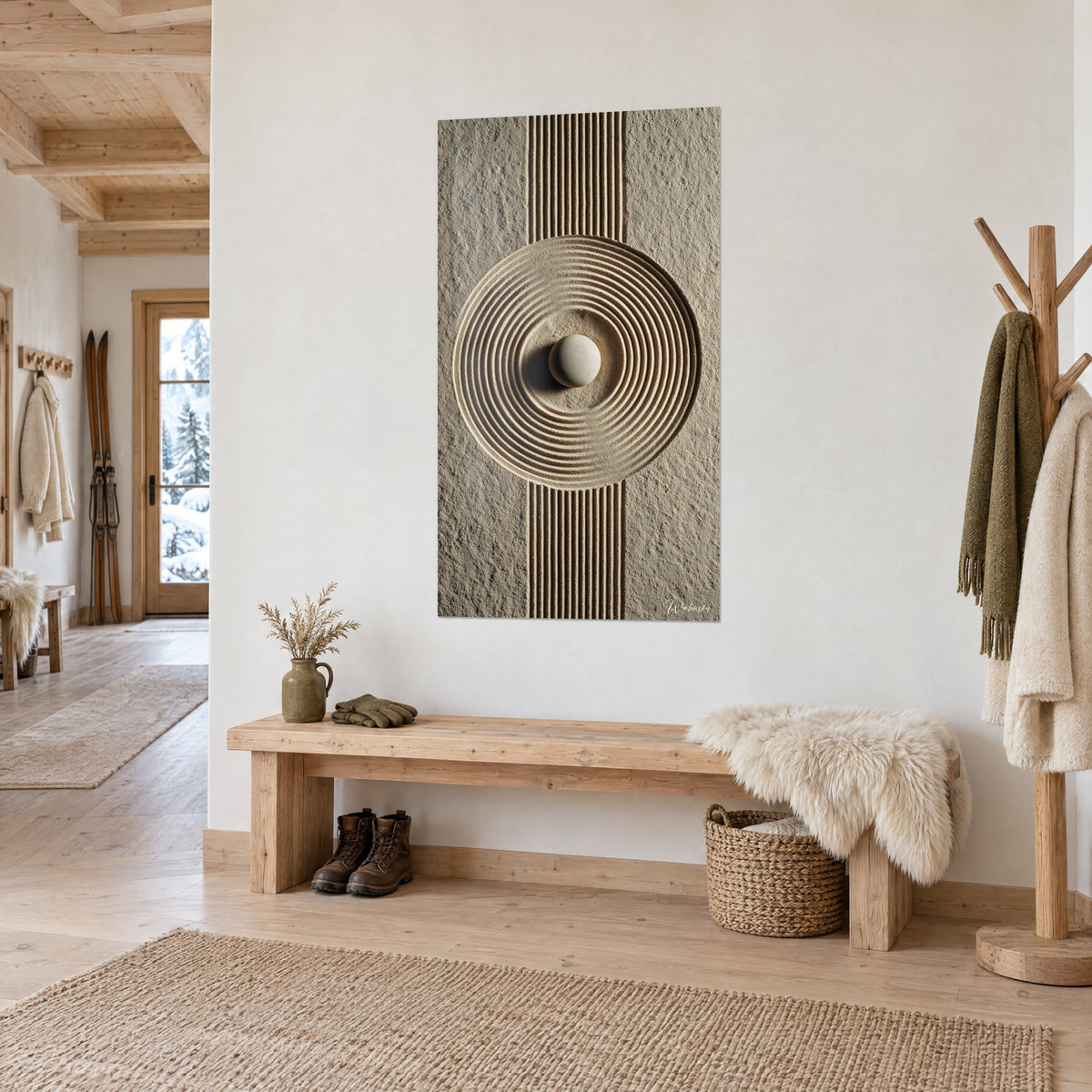 Quadro ciottolo chiaro posato in solchi circolari beige e marrone, vista di tre quarti, ingresso in legno chiaro dello chalet