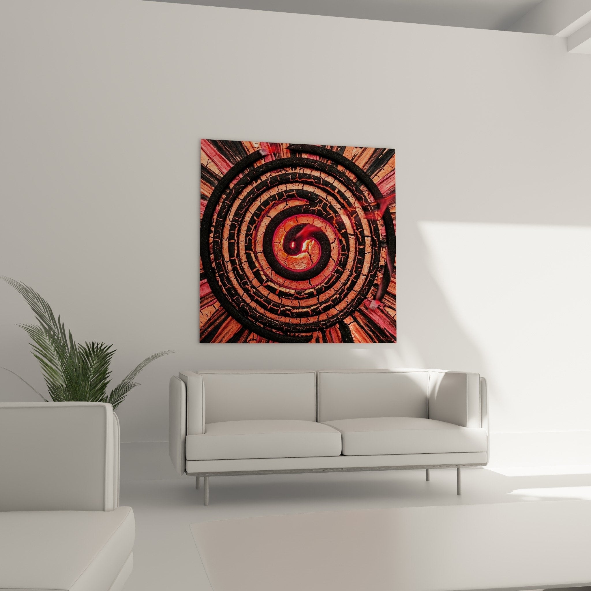 Crackled texture detail red incandescent spiral with distressed patina effect artwork incense close-up zoom