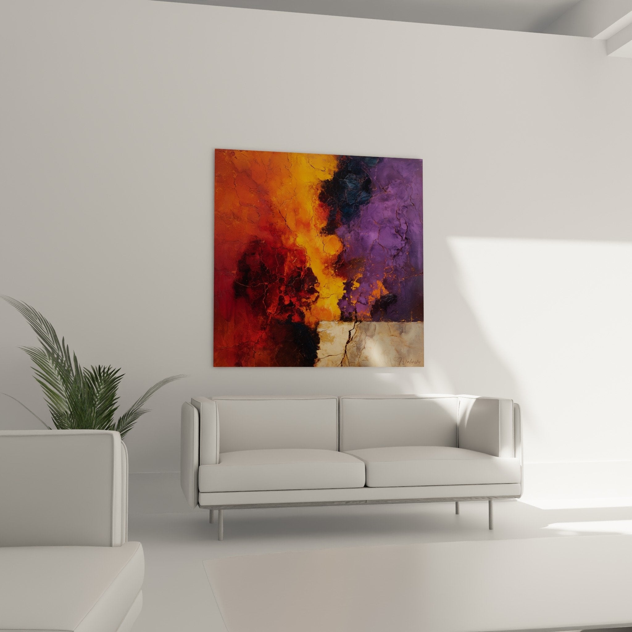 Cracked texture detail abstract painting orange purple wall art feng shui south fire patina effect