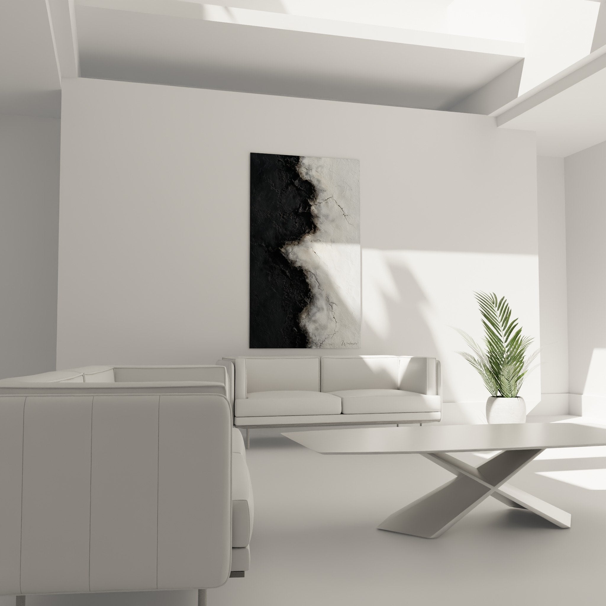 Texturdetail rissiges abstraktes Gemälde Schwarz Weiß Risse Relief Struktur Feng Shui Nordwesten Metall