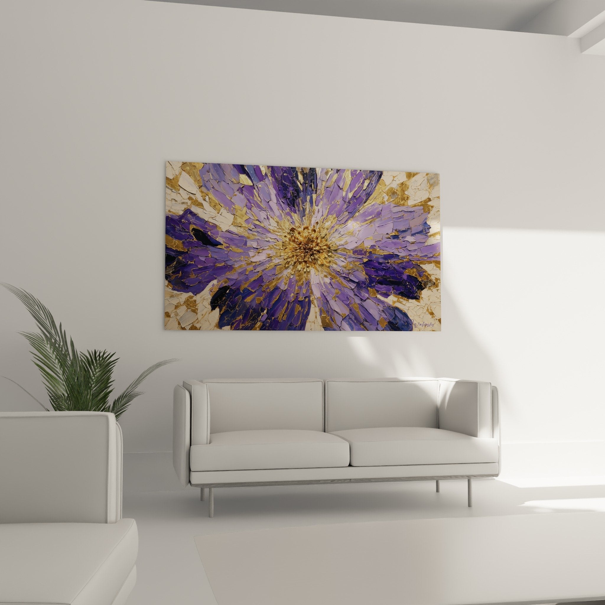 Detail texture craquelee petales violets reflets dores centre lumineux fleur abstraite feng shui