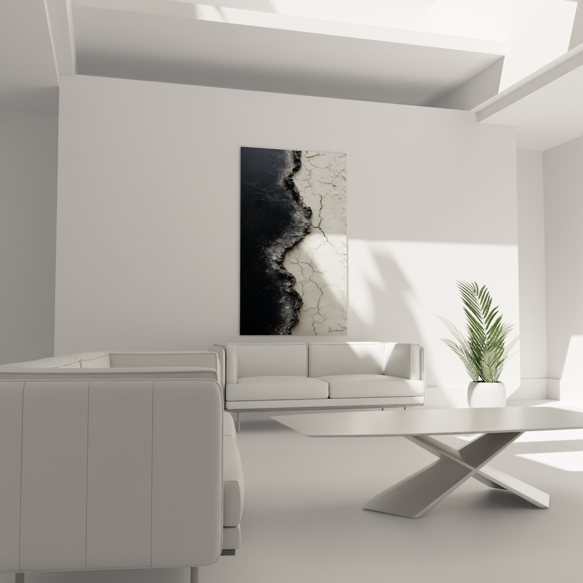 Detail texture craquelle tableau abstrait noir blanc, matiere relief fissures organiques art feng shui