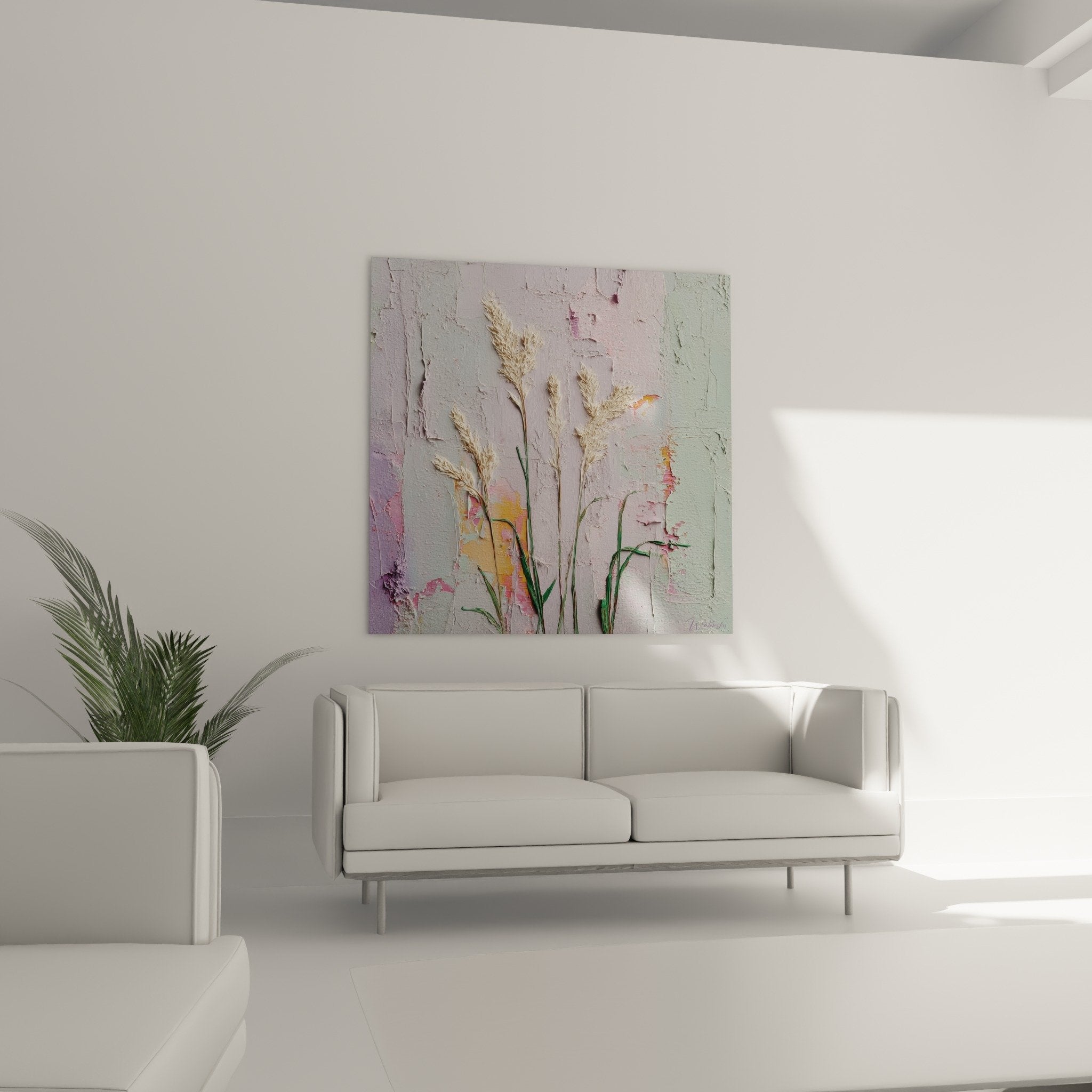 Détail texture craquelée fond lilas vert avec épis dorés graminées relief peinture