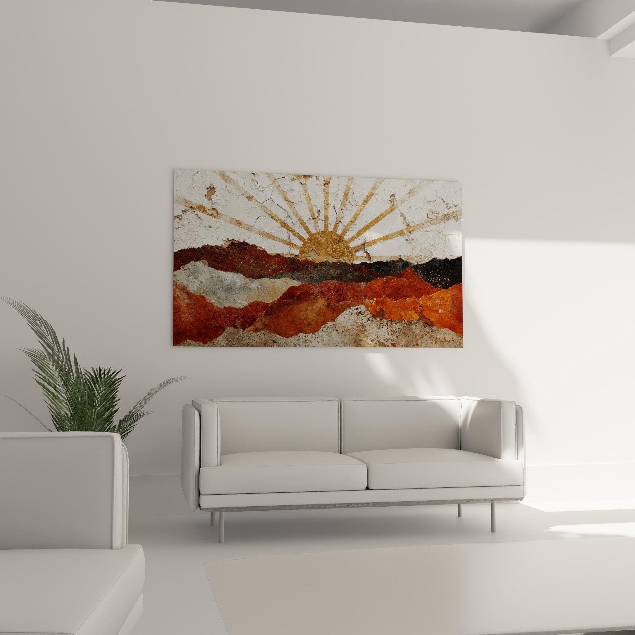 Texturdetail rissiges Gemälde goldene Sonne leuchtende Strahlen alte Patina Feng Shui Erdmittelpunkt