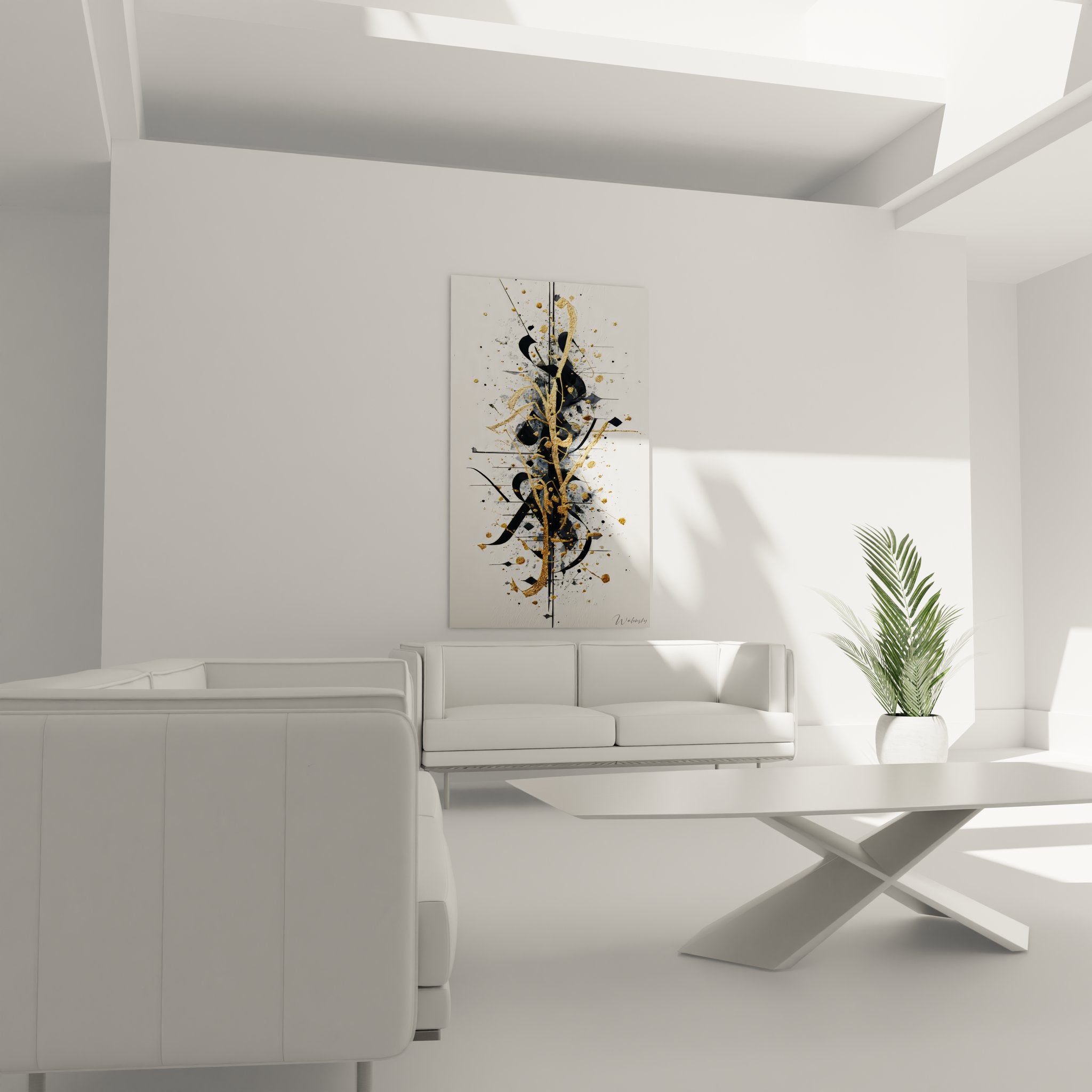 Détail gros plan texture dorée et projections noires sur toile abstraite contemporaine Walensky